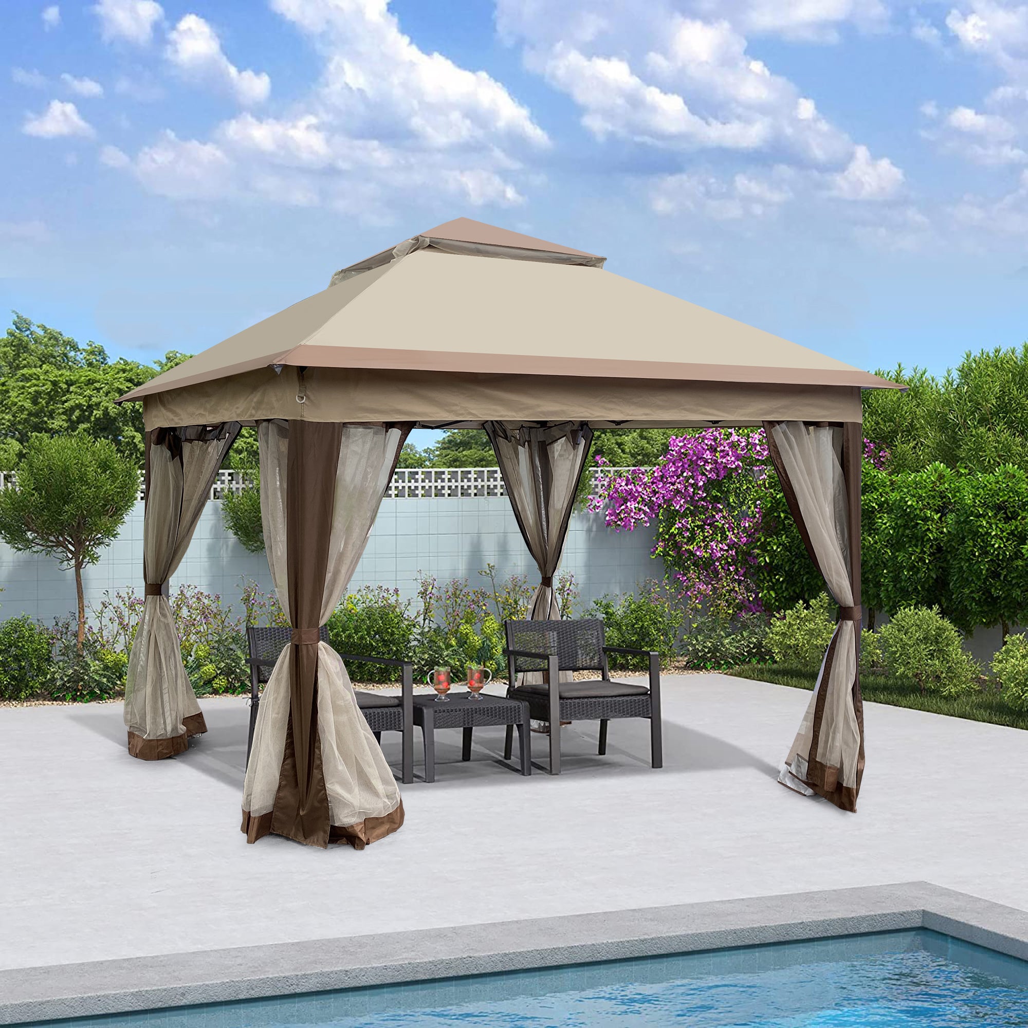 11x11 Ft Pop Up Gazebo Canopy with Removable Netting, Coffee