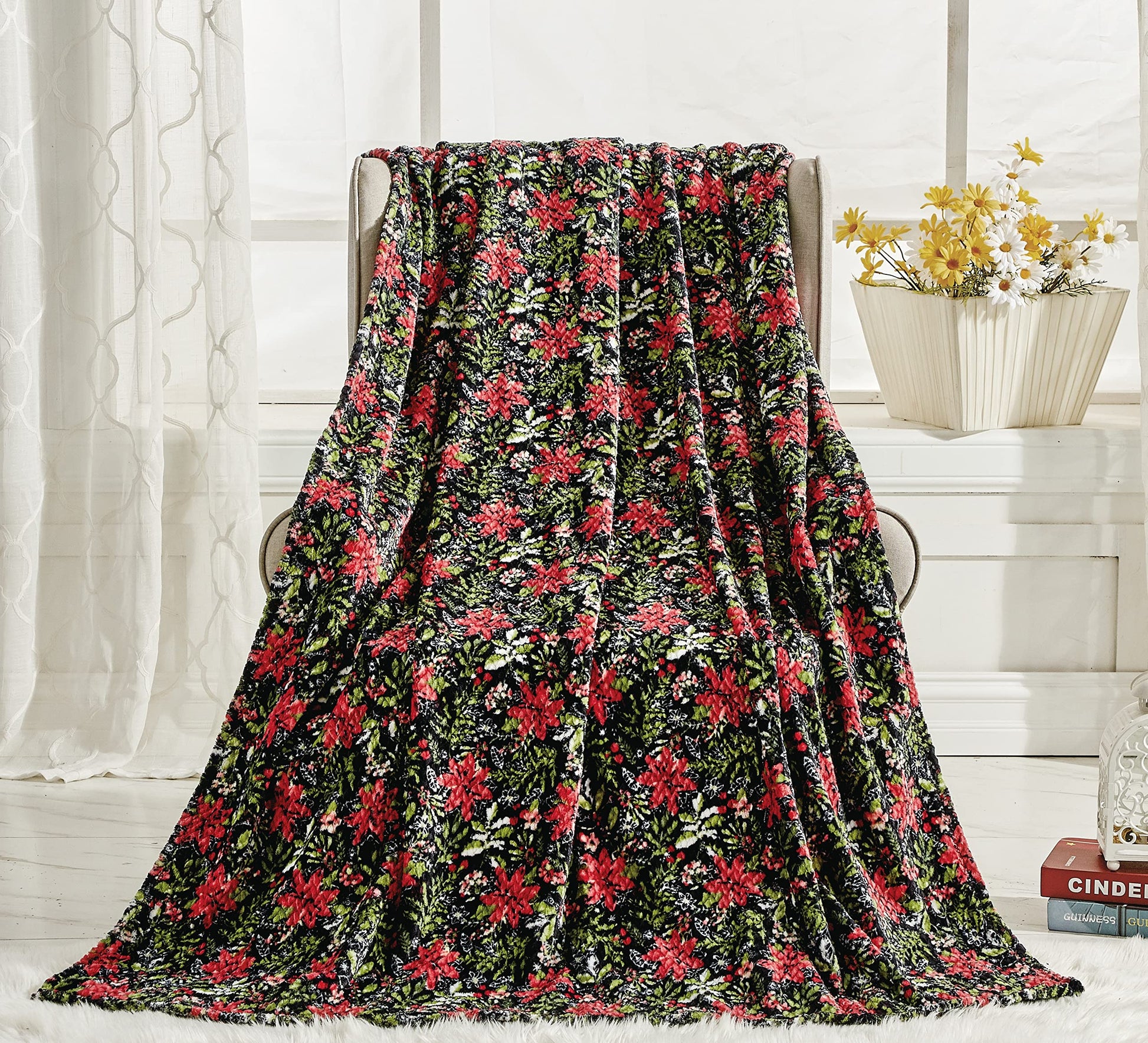 Poinsettia Oversized Jacquard Luxe Plush Holiday Throw Blanket (50" x 70") - Best Buy Furniture