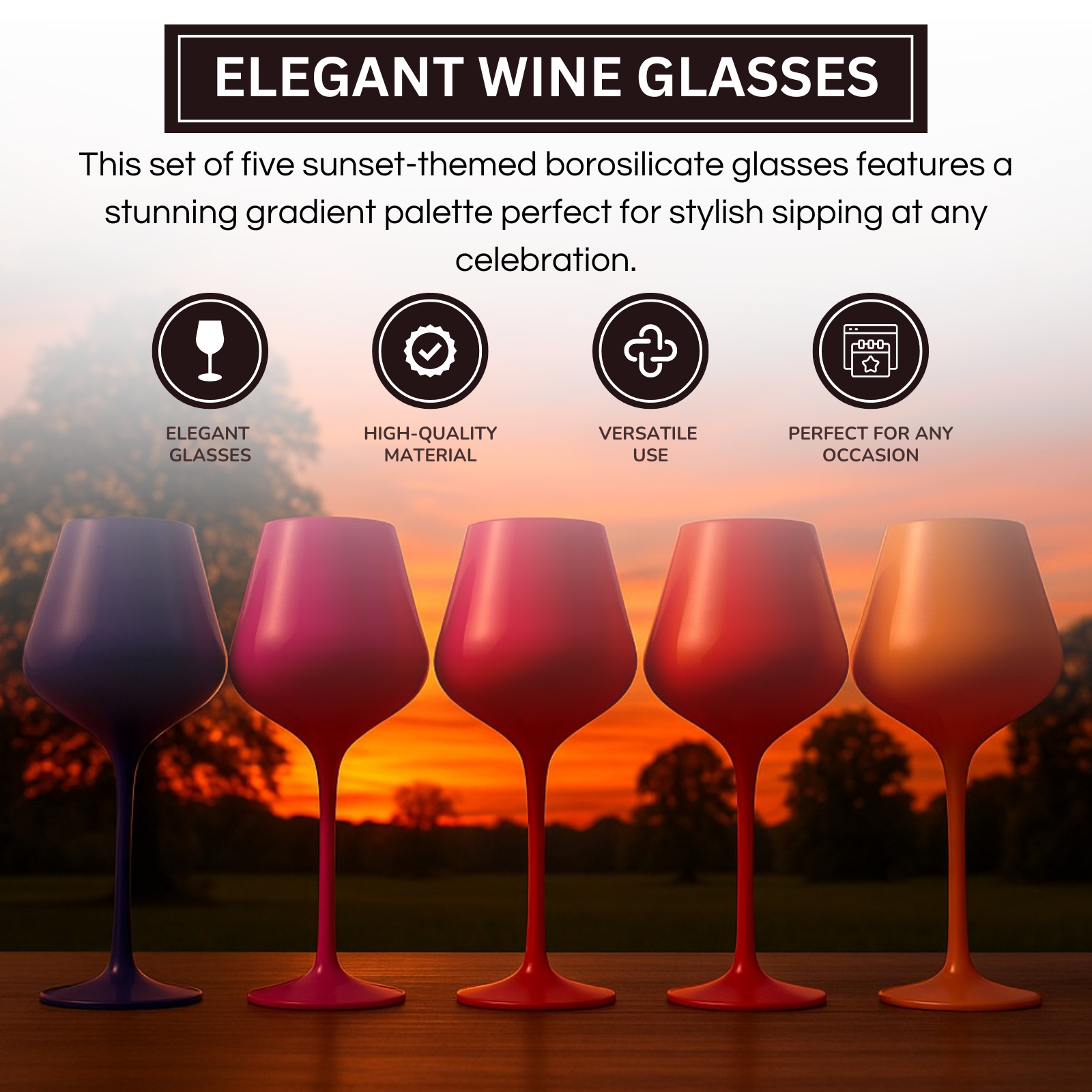 Southwest Sunset Large Colored Wine Glass| Set of 5 | 20 oz