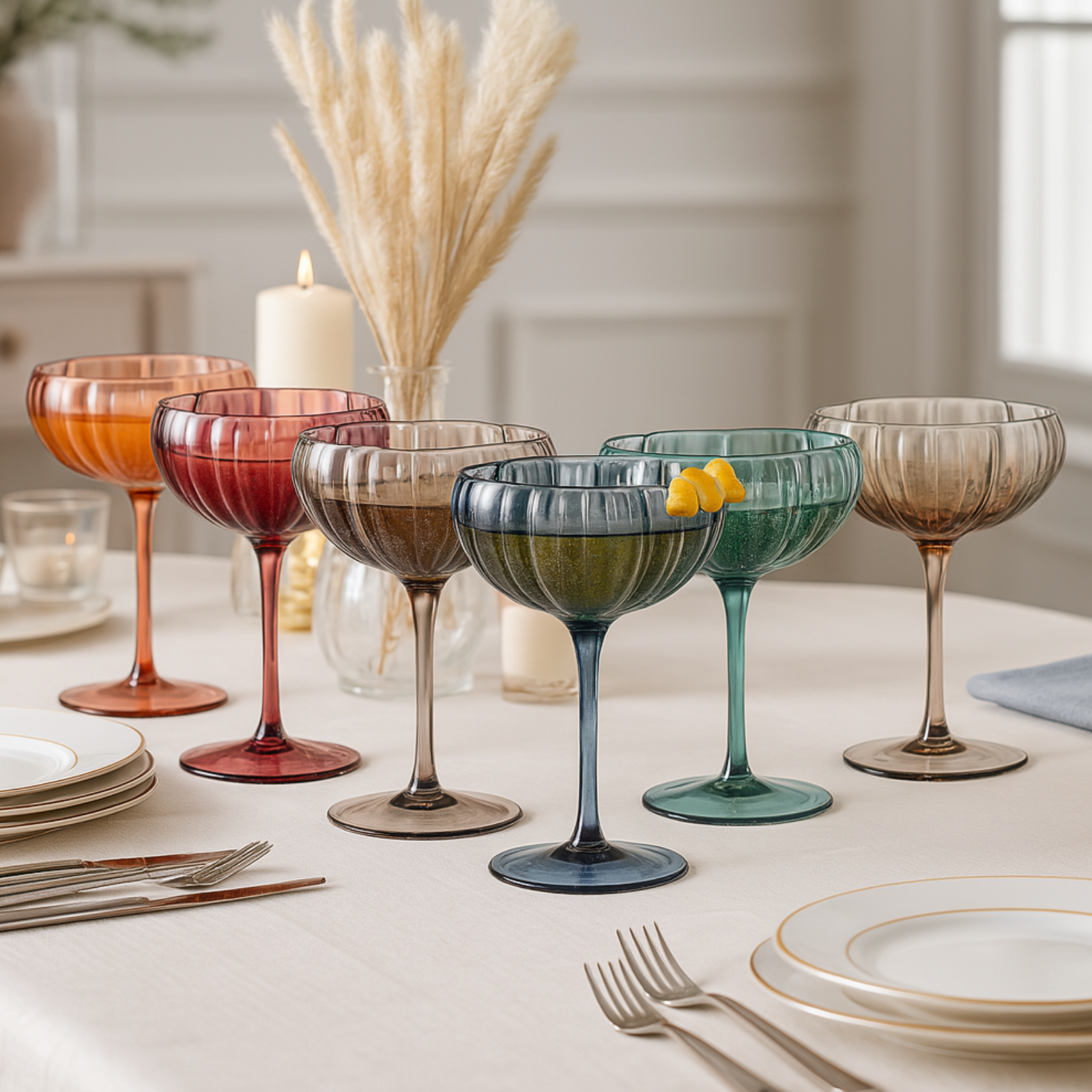 Flower Coupe Cocktail Colored Glasses | Set of 6 | Muted