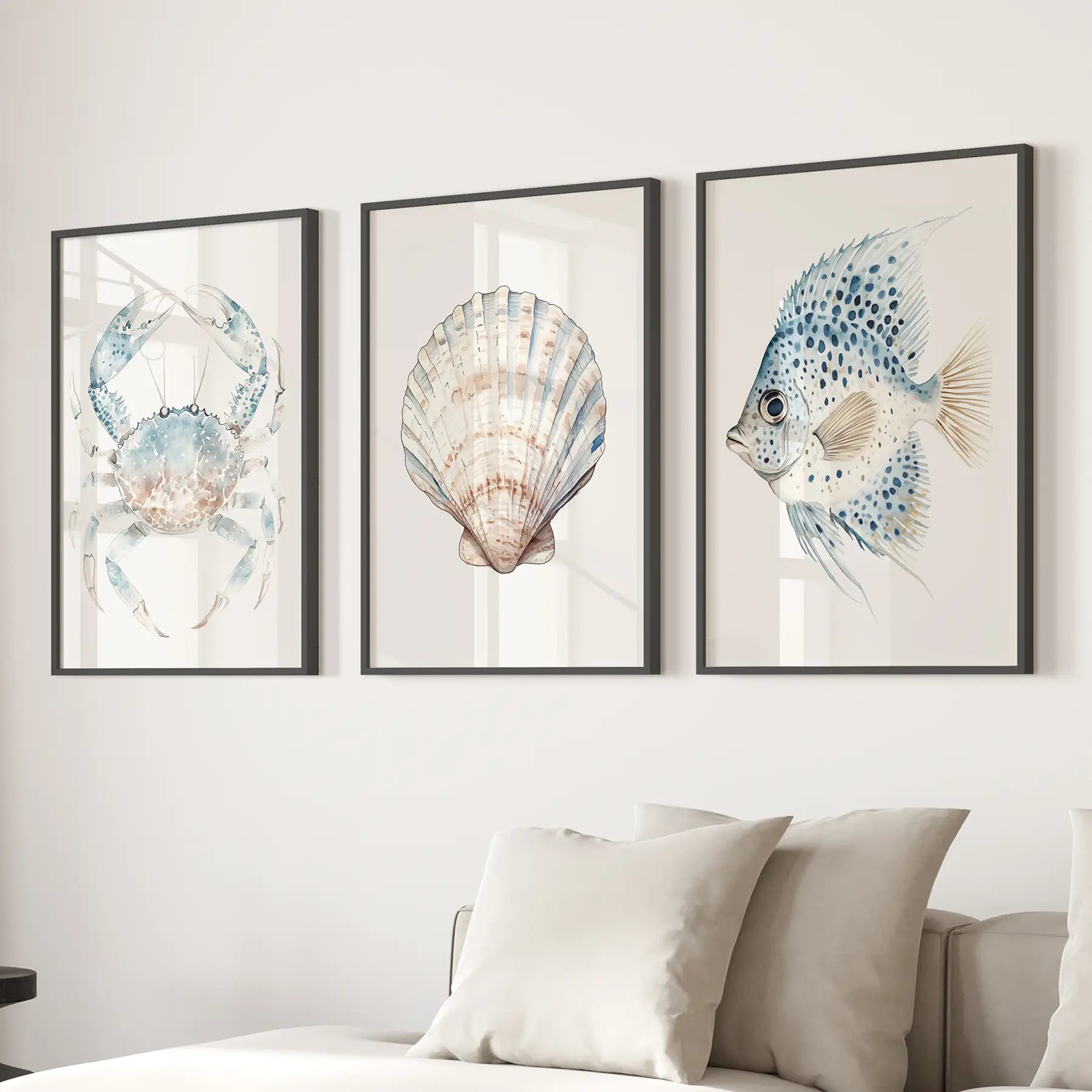 Watercolor Light Blue Nautical 3 Piece Art. Crab, Shell, Fish