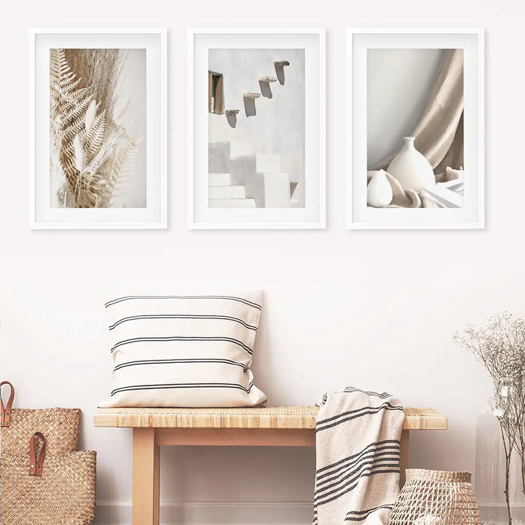 3 Pieces Neutral Boho Wall Art. Terracotta Vase and Stairs