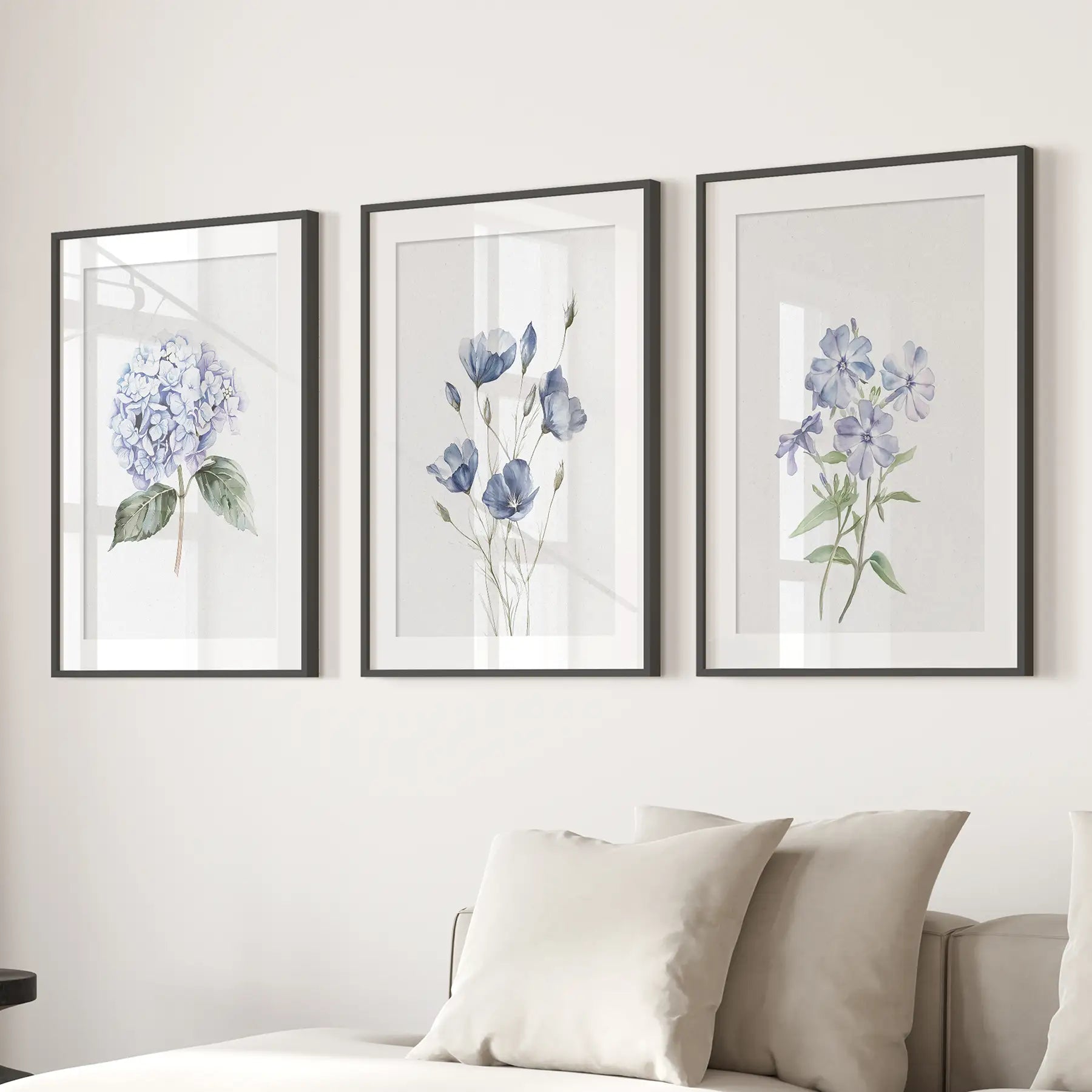 Watercolor Blue Flowers.Wall Art Set of 3 Piece