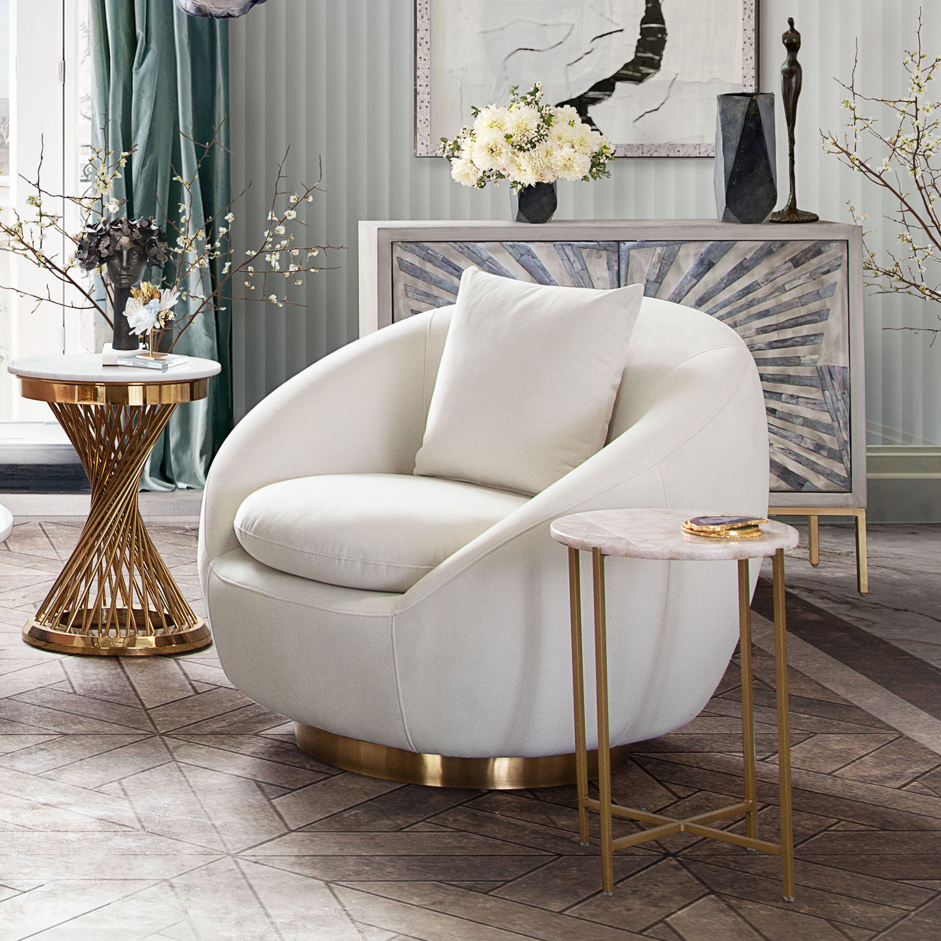 Celine Swivel Accent Chair in Light Cream Velvet w/ Brushed Gold Accent Band by Diamond Sofa