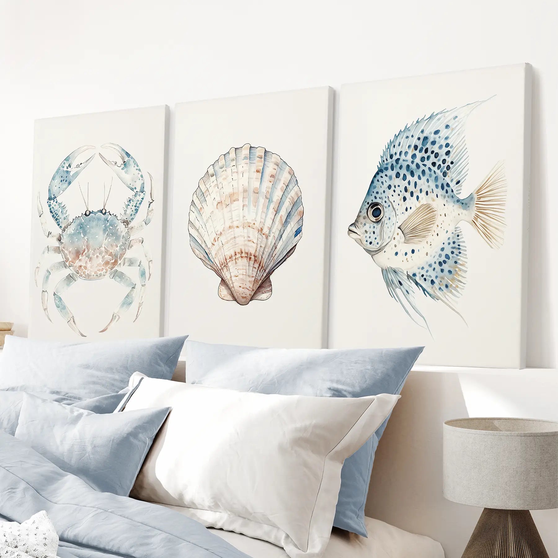 Watercolor Light Blue Nautical 3 Piece Art. Crab, Shell, Fish