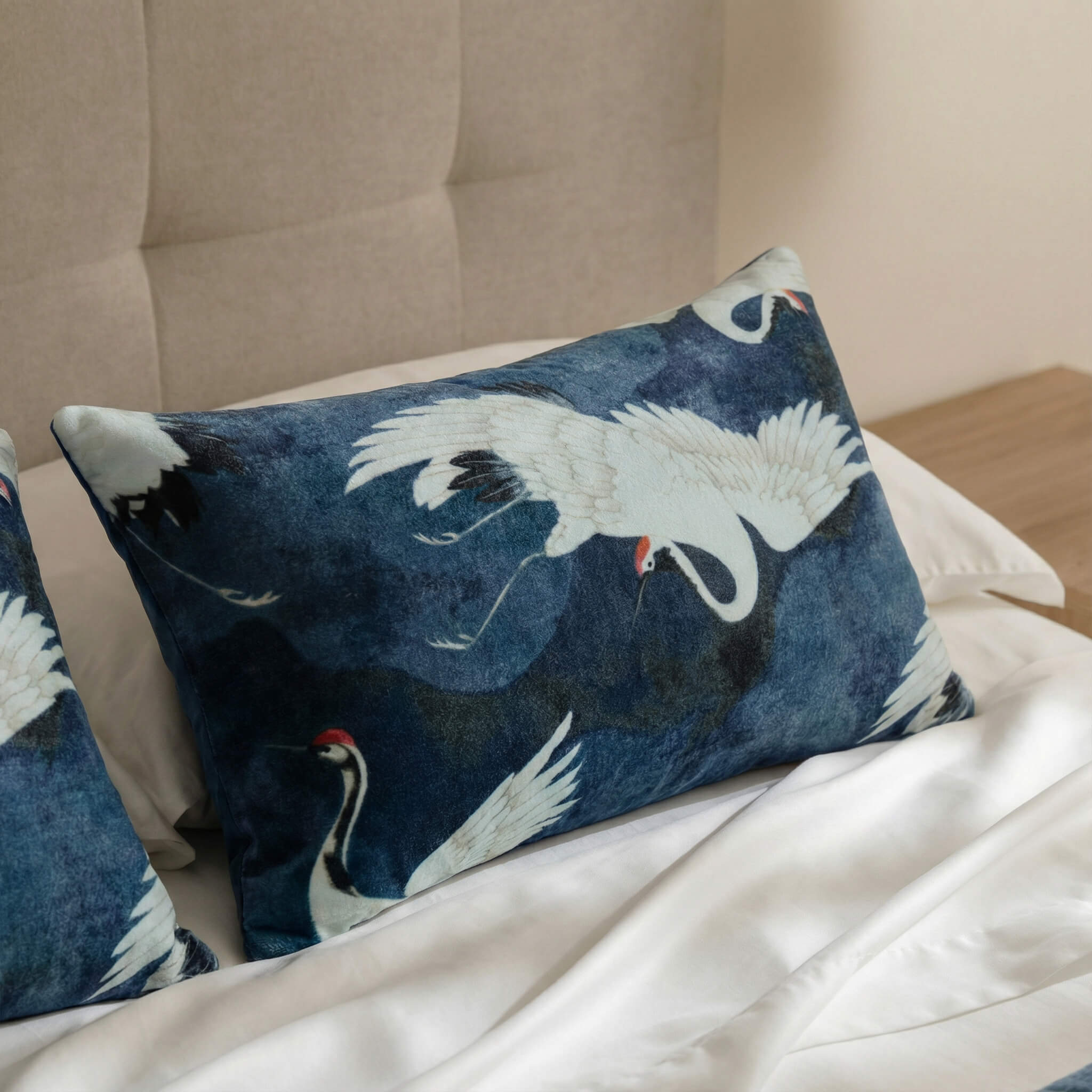 Velvet Crane in the Clouds Small Lumbar Pillow