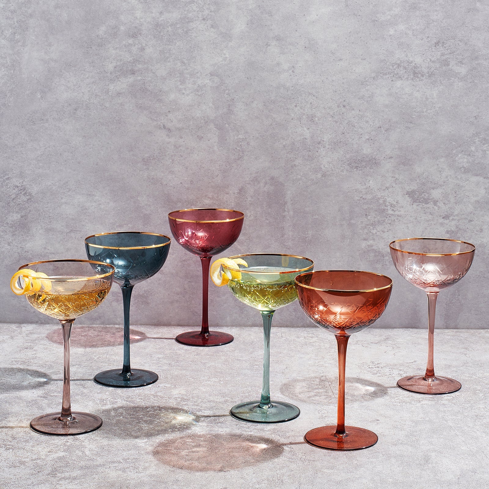 Tonal Gold Rim Champagne Coupe, Cocktail Glassware, Set of 6