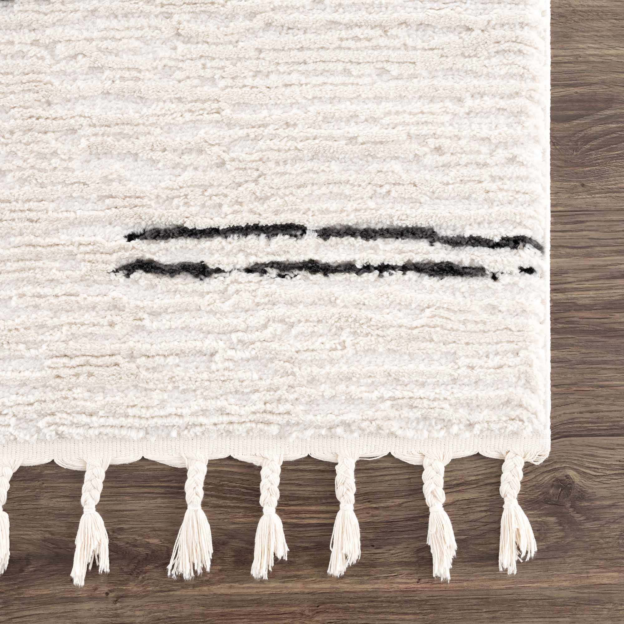 Riad Black Striped White Rug with Tassels