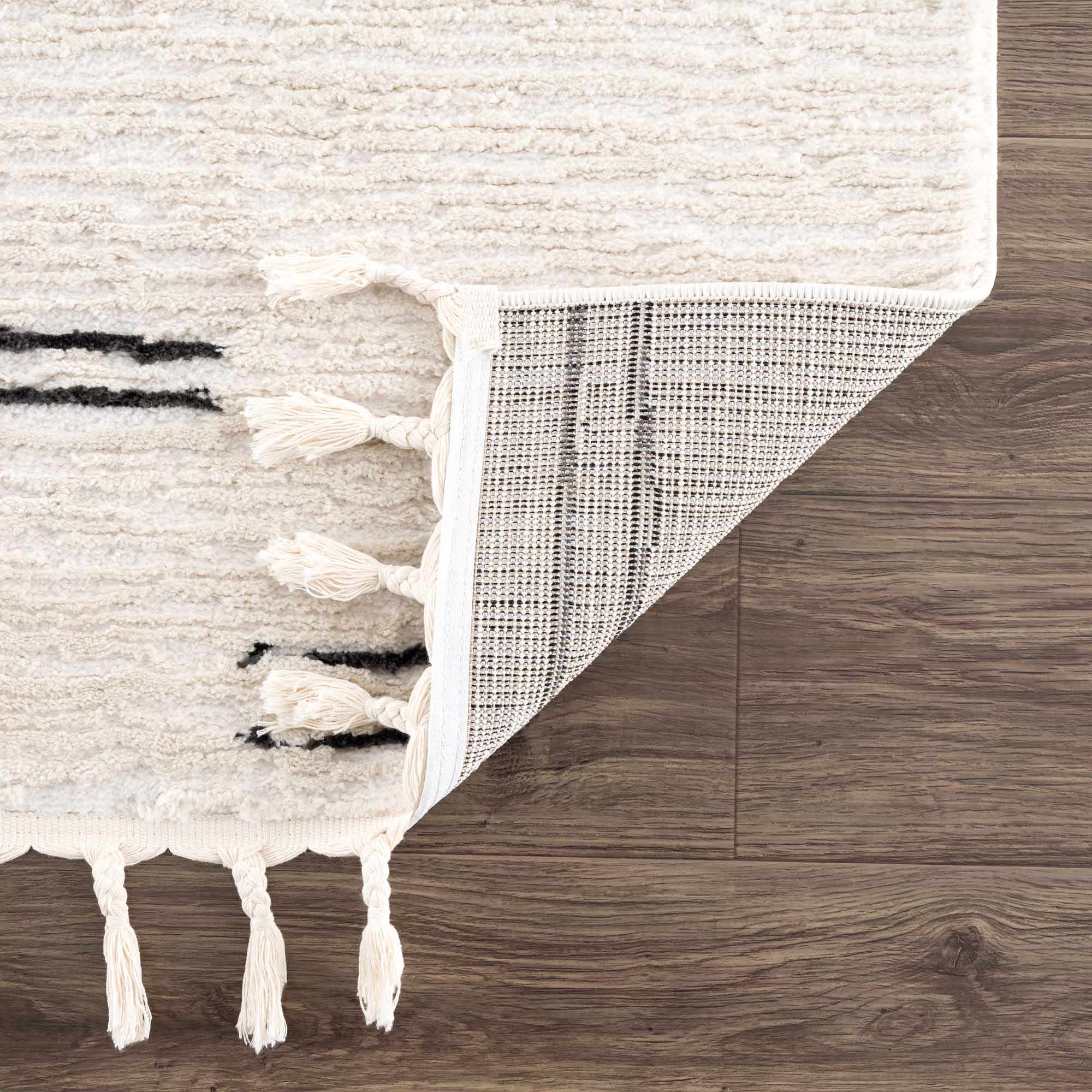 Riad Black Striped White Rug with Tassels
