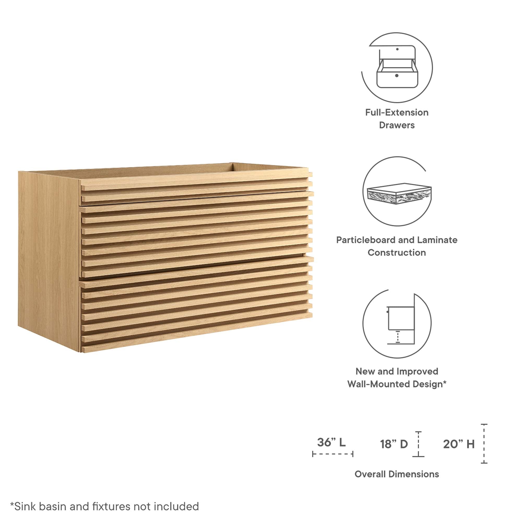 Render 36" Wall-Mount Bathroom Vanity Cabinet (Sink Basin Not Included) by Modway