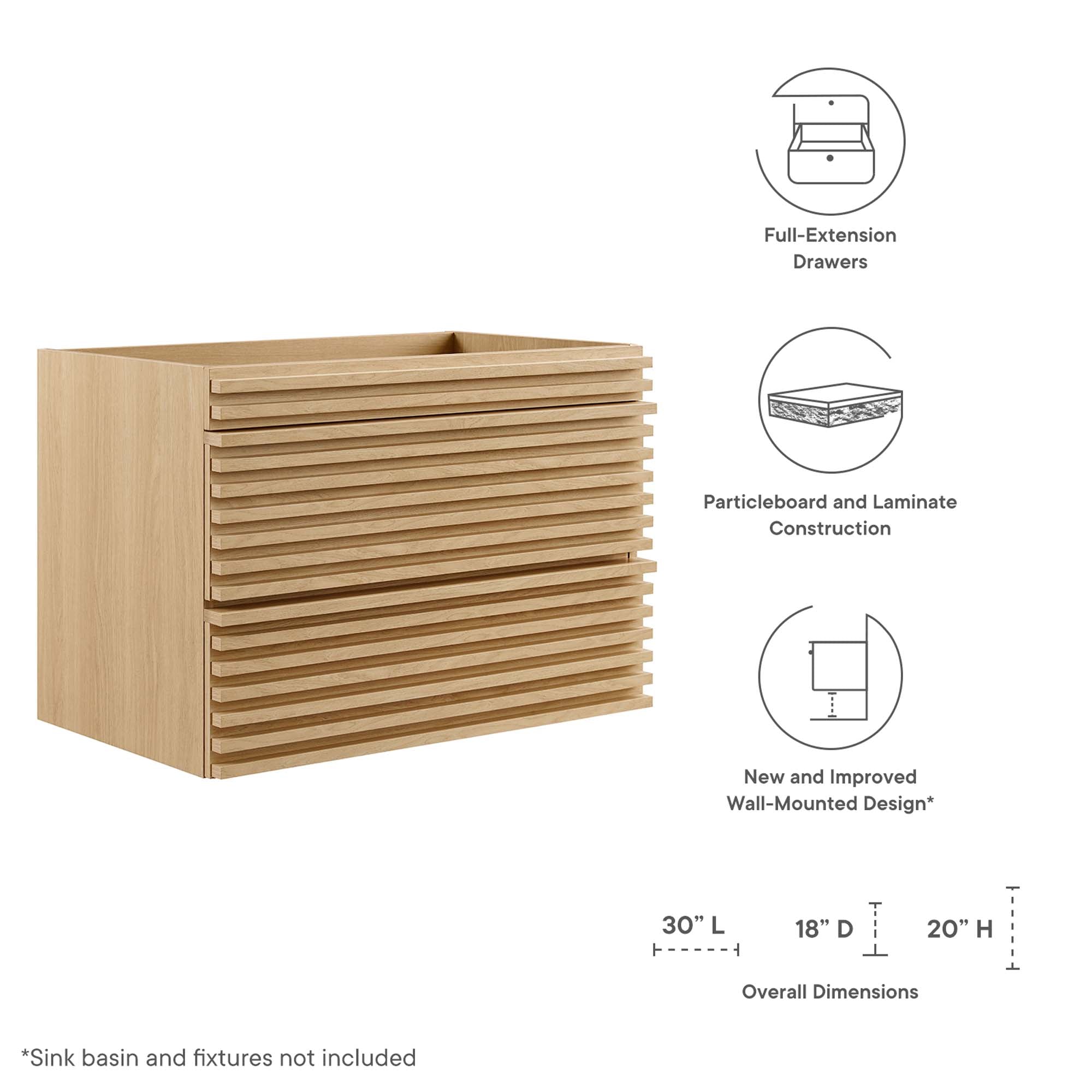 Render 30" Wall-Mount Bathroom Vanity Cabinet (Sink Basin Not Included) by Modway