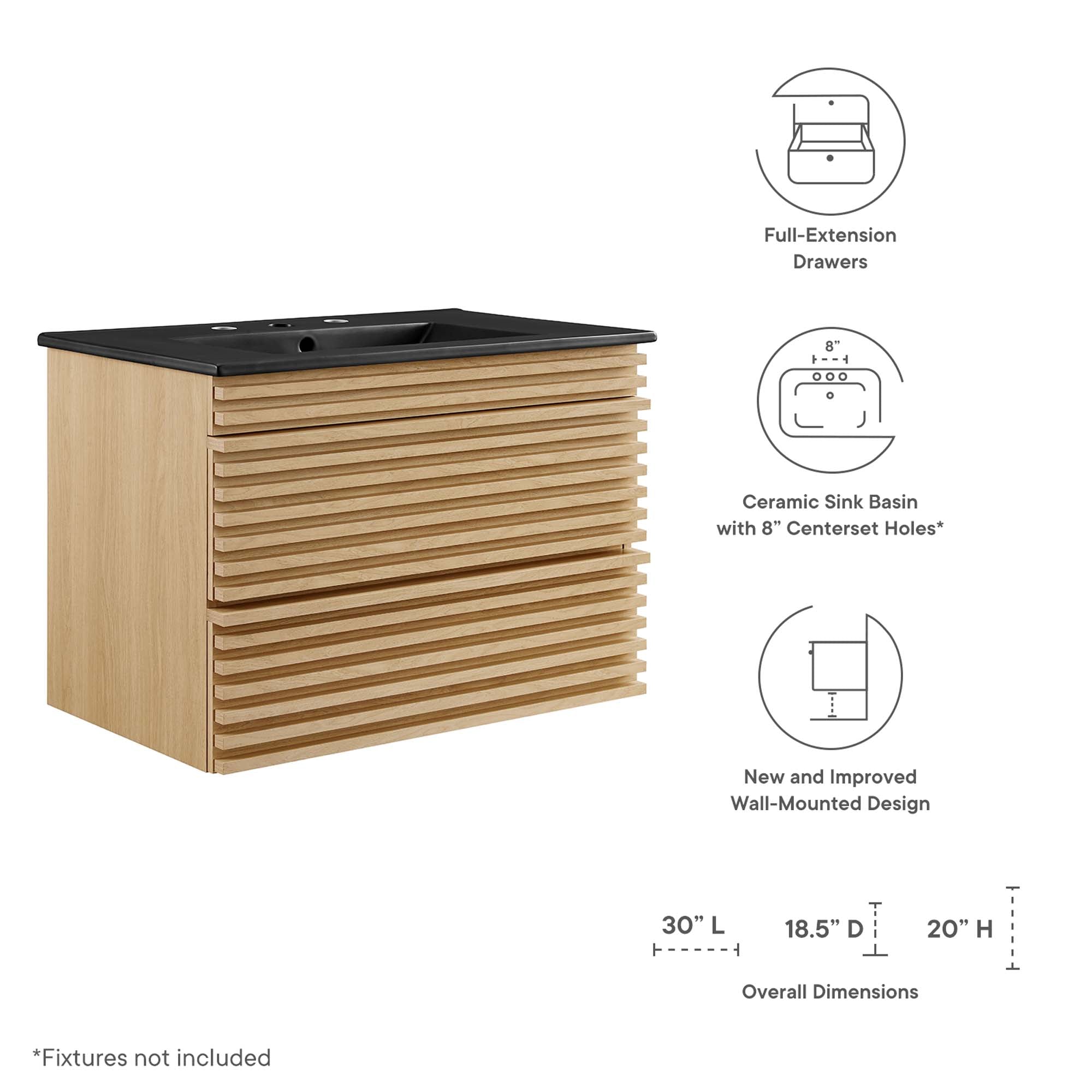 Render 30" Wall-Mount Bathroom Vanity by Modway