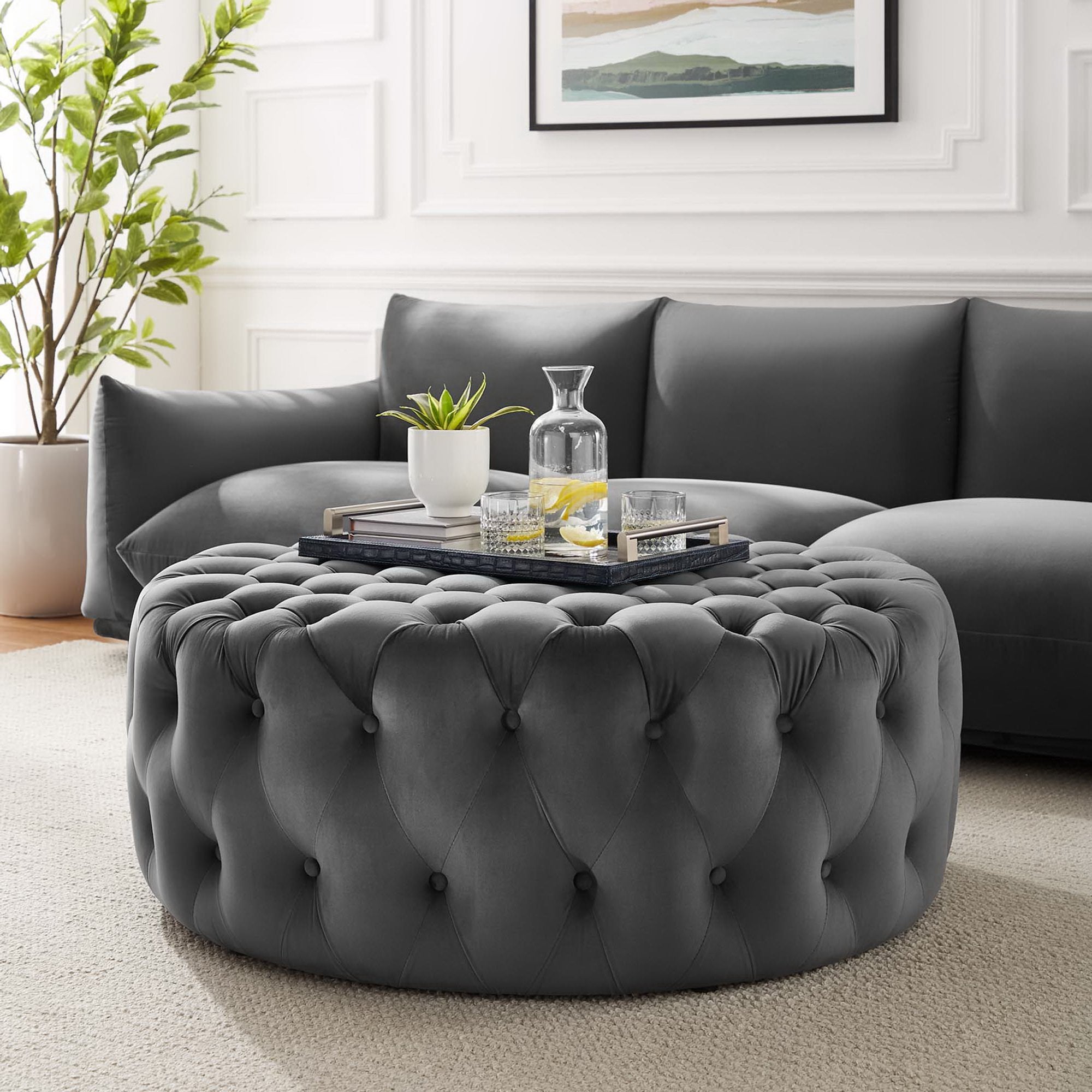 Amour Tufted Button Large Round Performance Velvet Ottoman by Modway