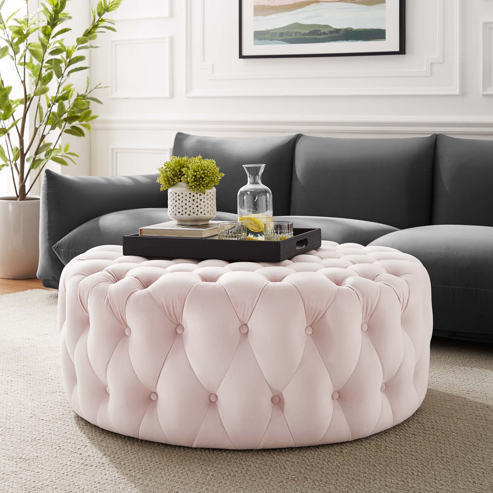 Amour Tufted Button Large Round Performance Velvet Ottoman by Modway