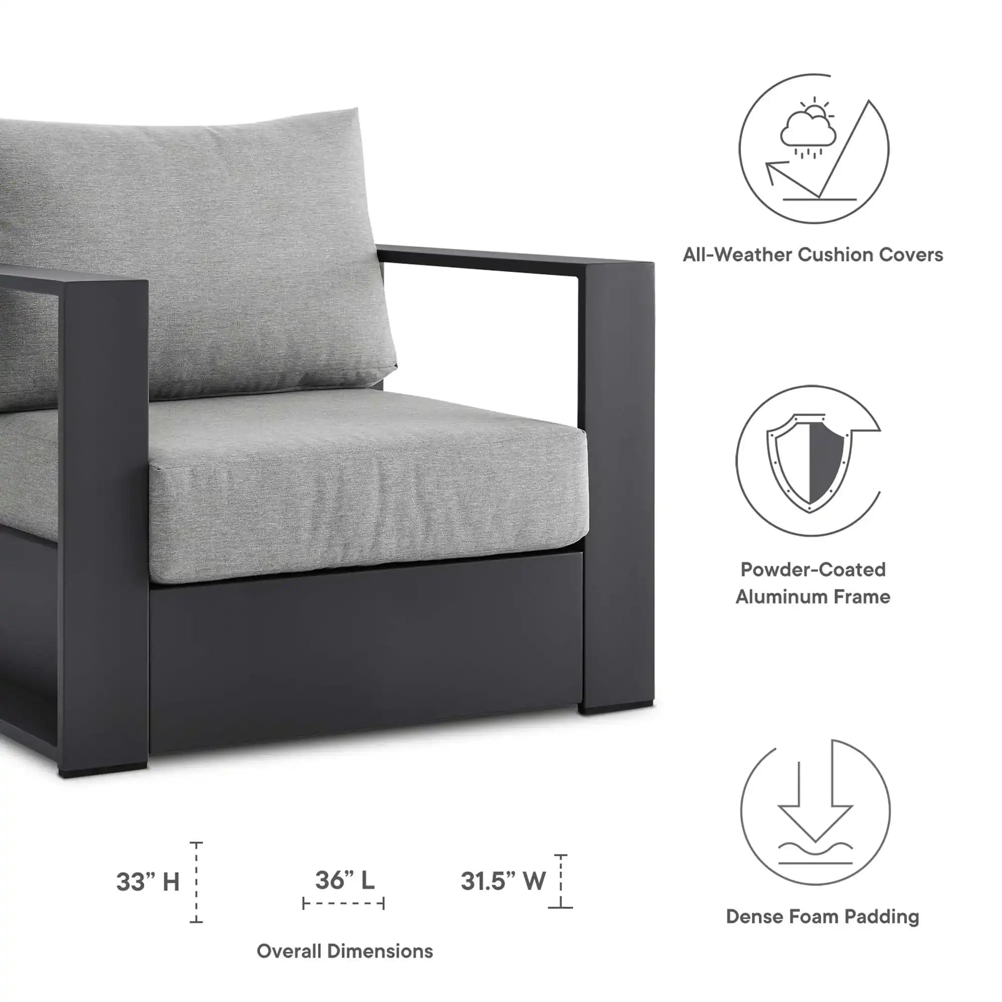 Tahoe Outdoor Patio Powder-Coated Aluminum Armchair in Gray Gray