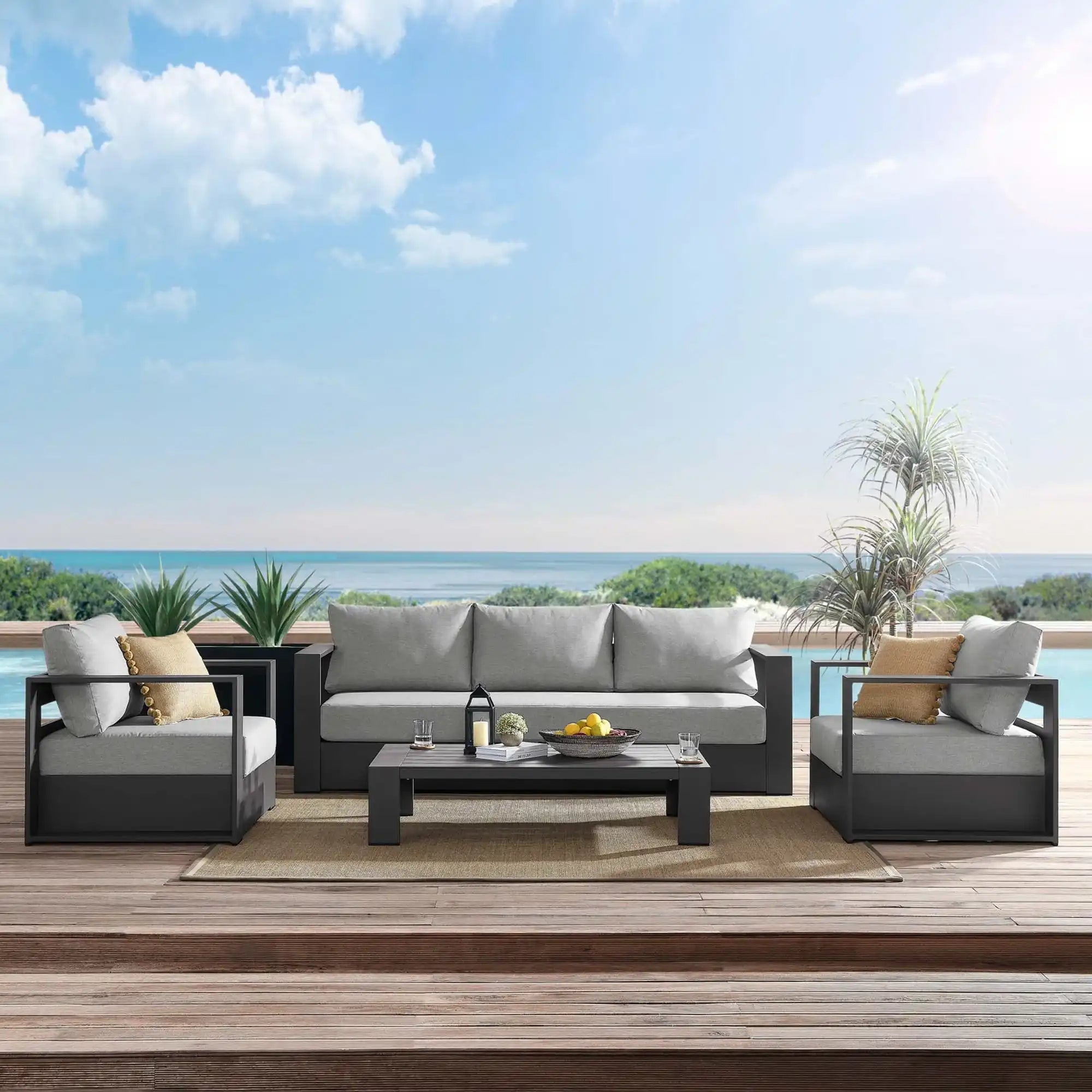 Tahoe 4-Piece Outdoor Patio Powder-Coated Aluminum Set in Gray Gray