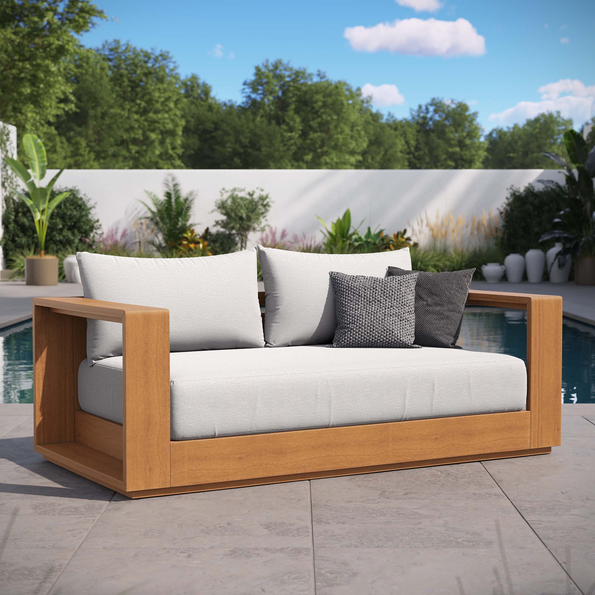 Tahoe Acacia Wood Outdoor Patio Acacia Wood Loveseat in Natural Light Gray