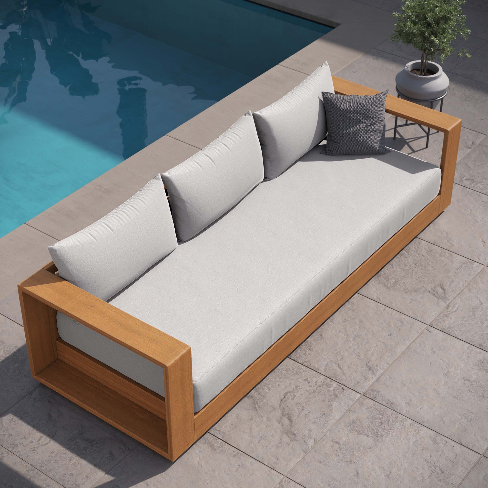Tahoe Outdoor Patio Acacia Wood Sofa in Natural Light Gray