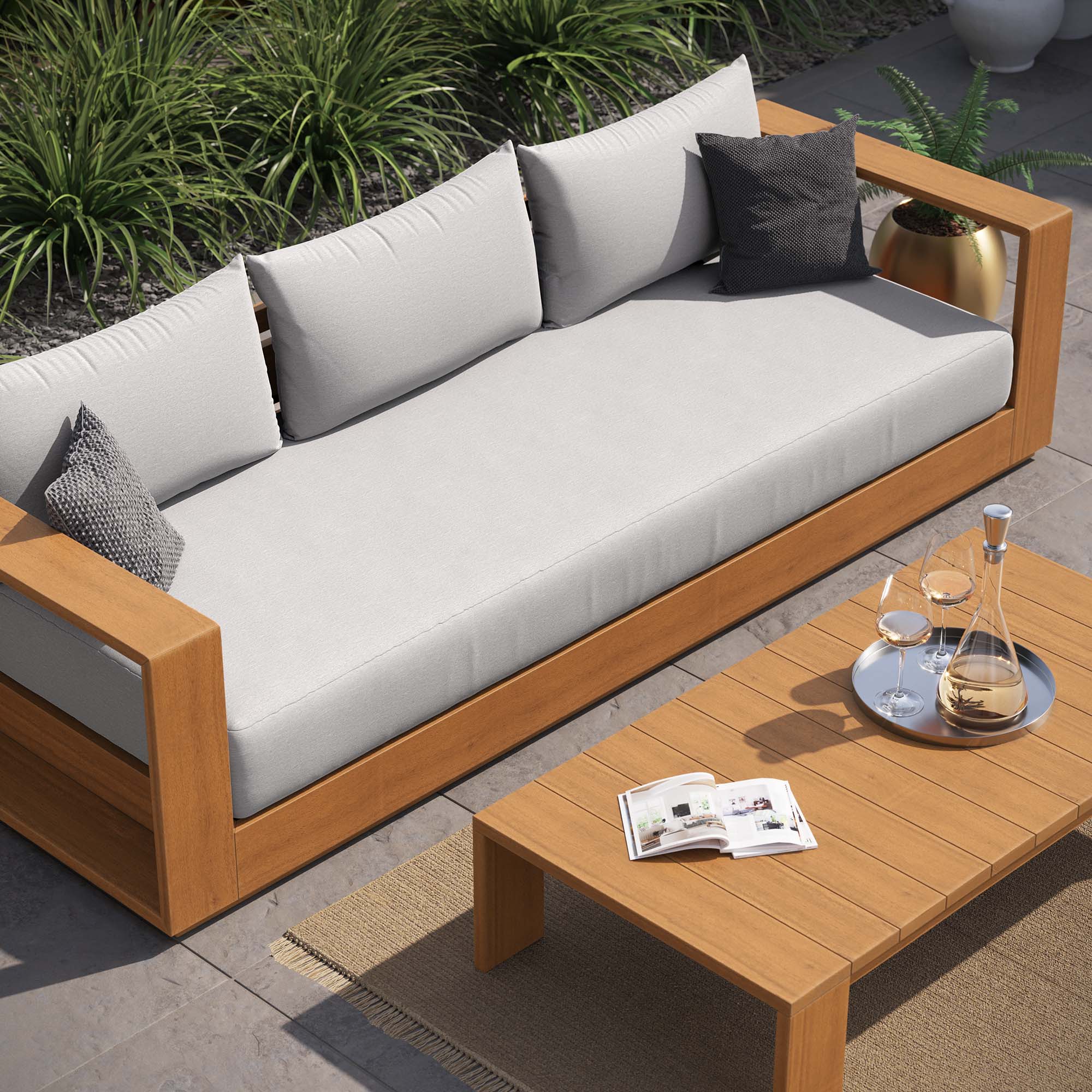 Tahoe Outdoor Patio Acacia Wood Sofa in Natural Light Gray