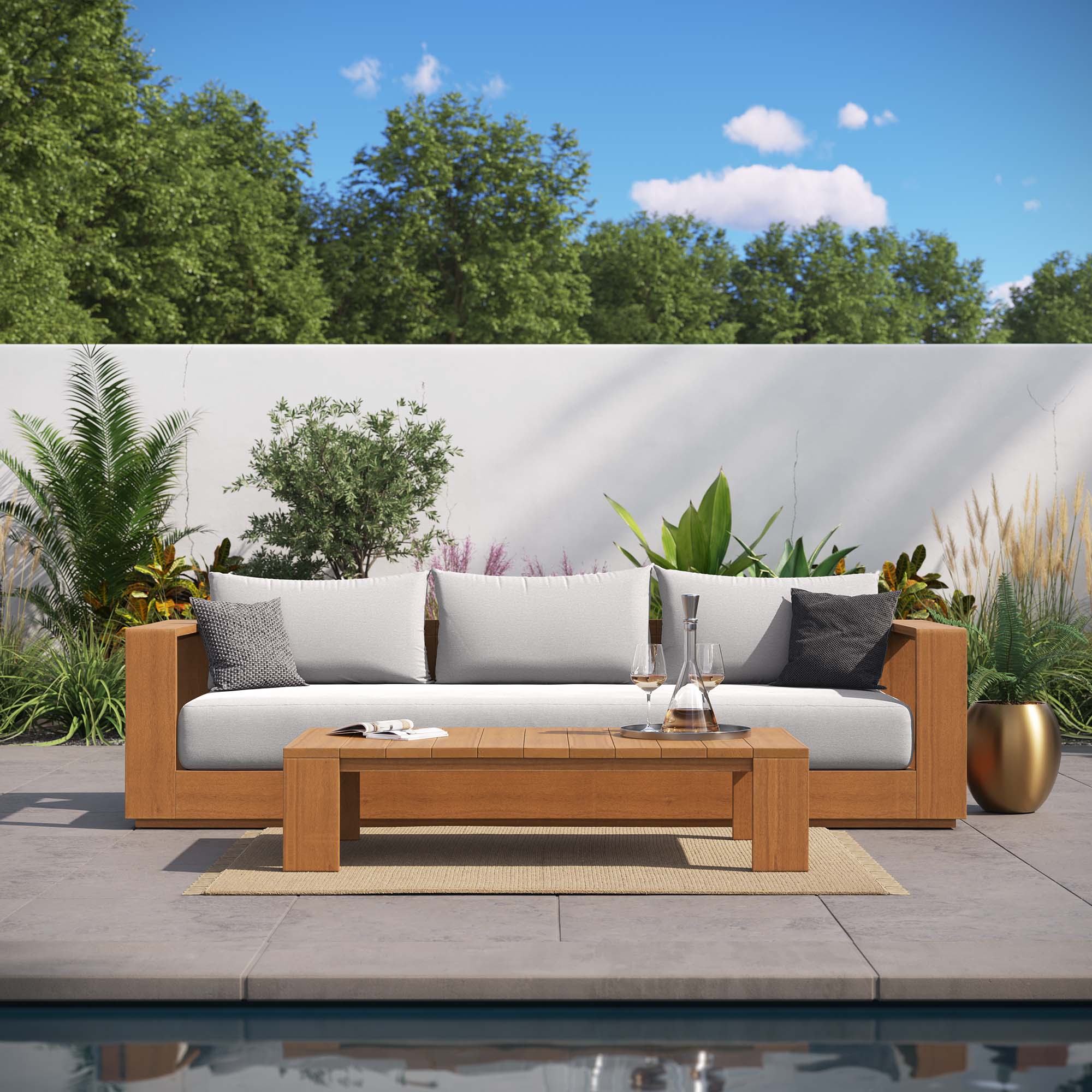 Tahoe Outdoor Patio Acacia Wood Sofa in Natural Light Gray