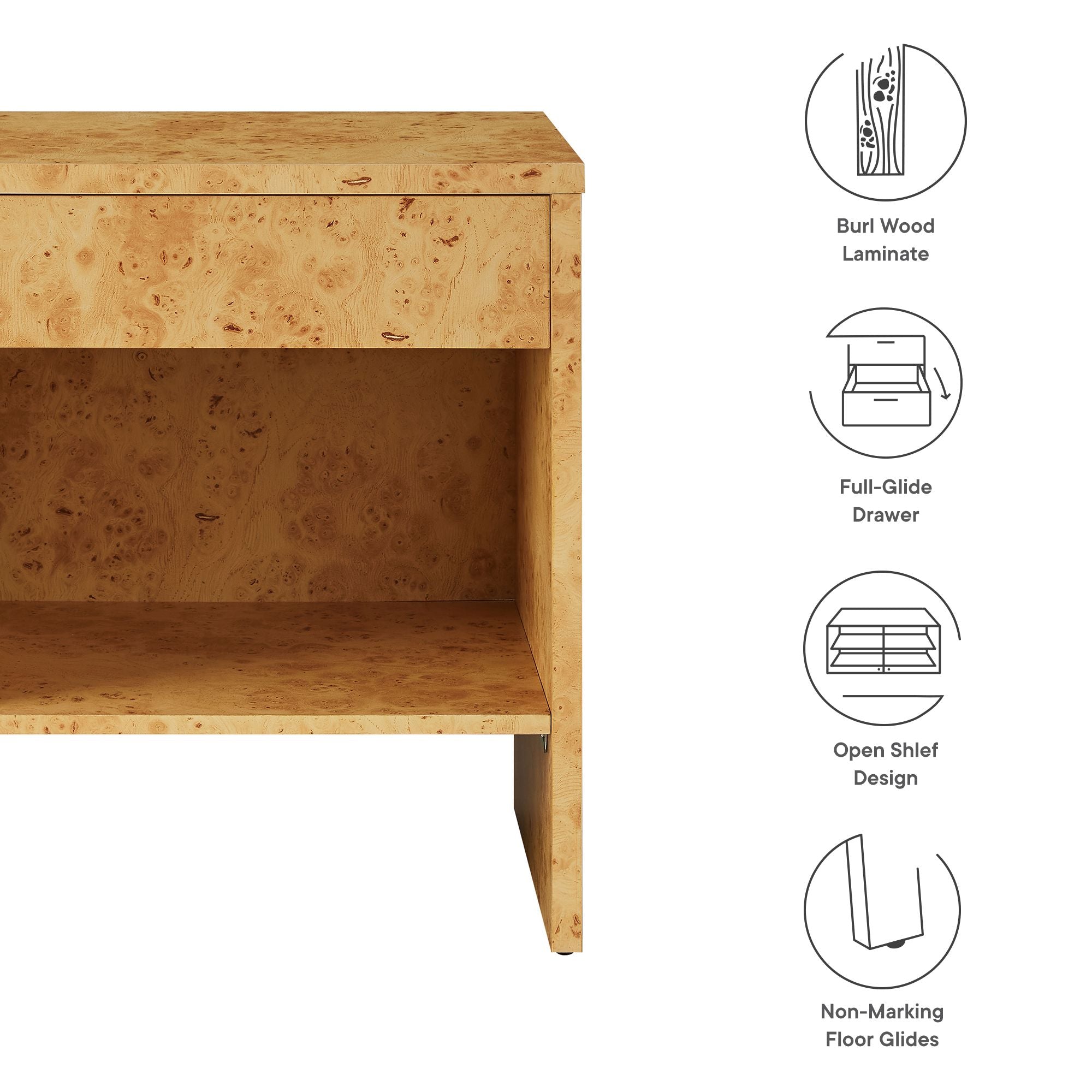 Hudson 1-Drawer Burl Wood Nightstand With Shelf by Modway