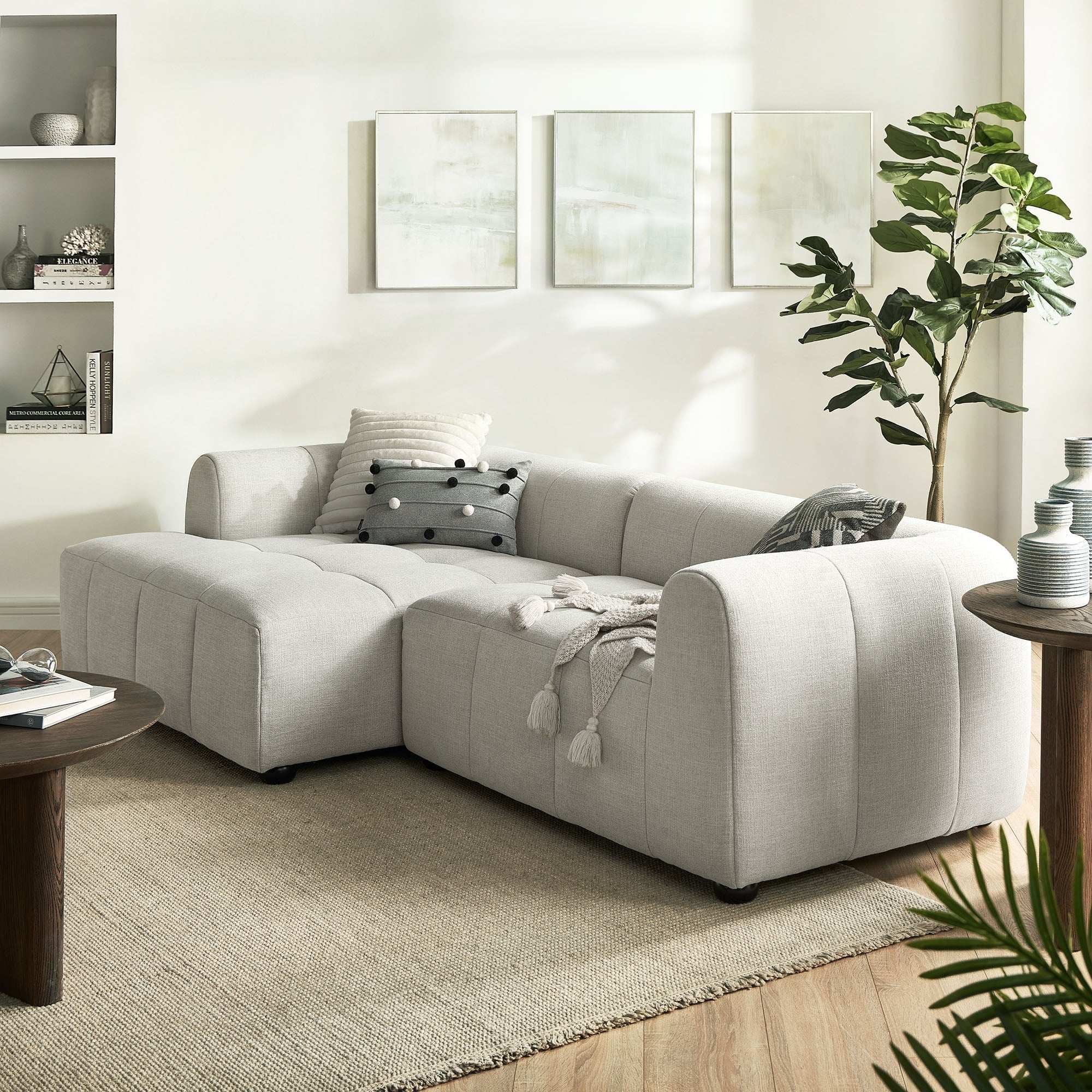 Liana Left-Facing Upholstered Fabric Modular Sofa with Chaise in Linen