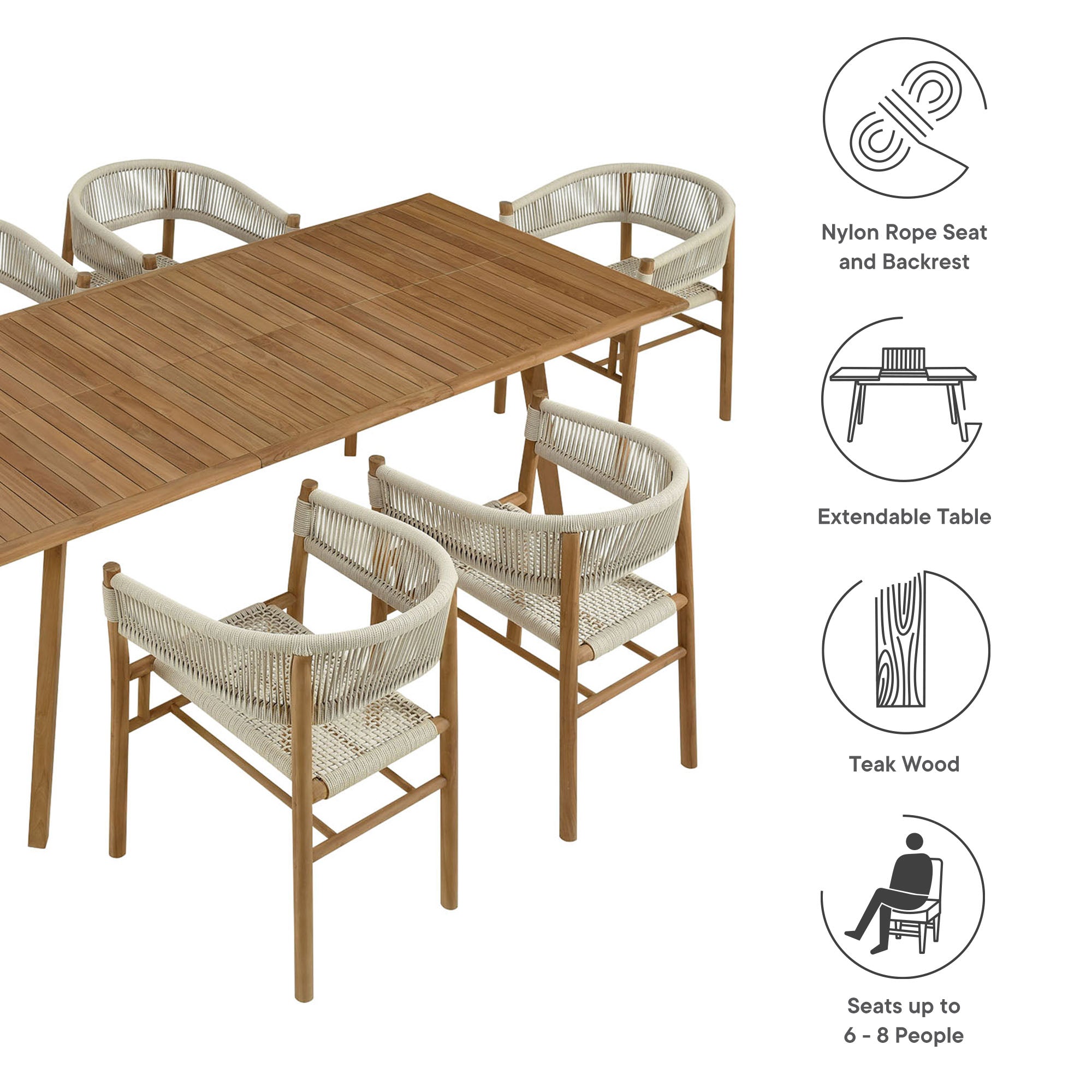 Vienna 7-Piece Outdoor Patio Teak and Rope Dining Set with Curved-Back Armchairs by Modway