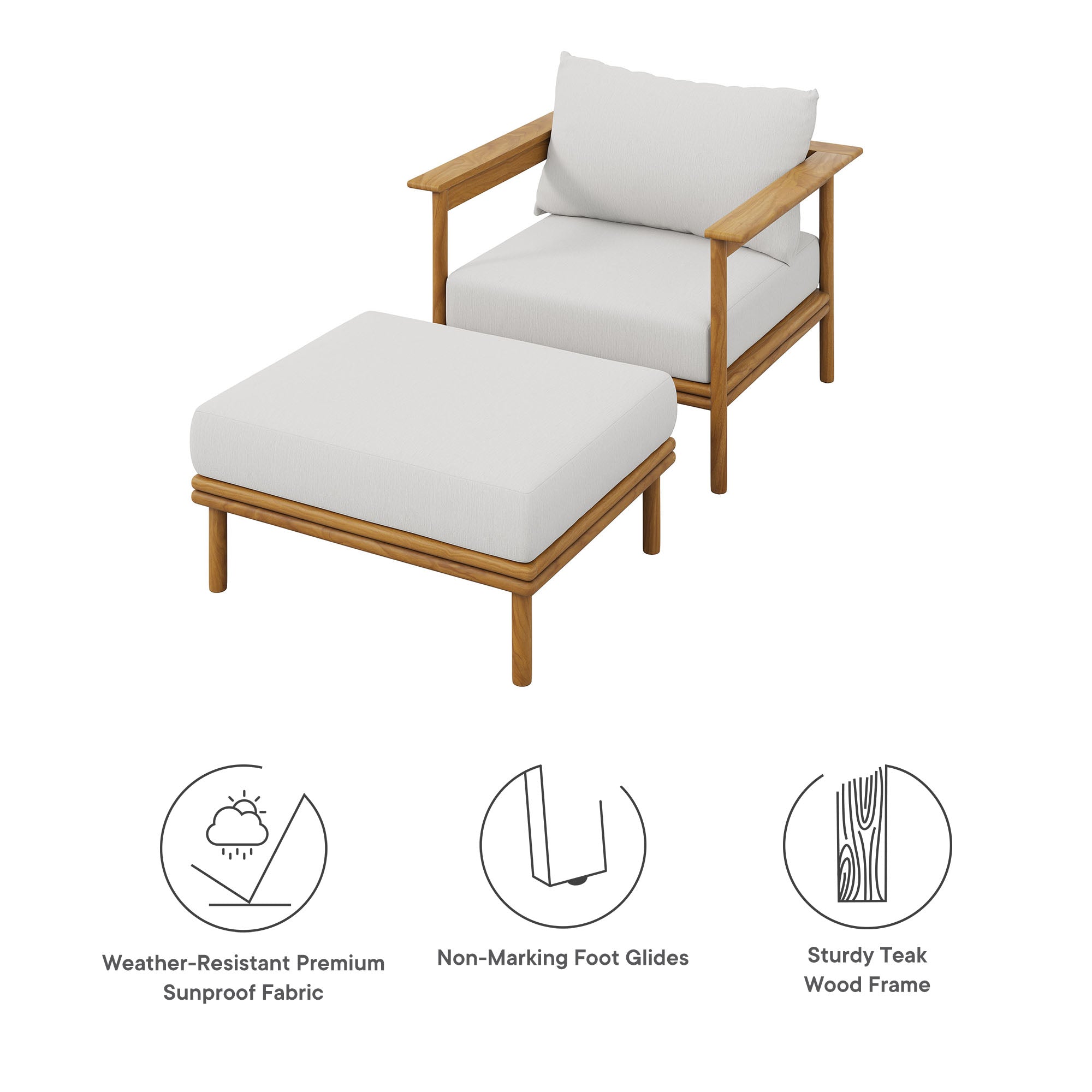 Wren Outdoor Patio Teak Wood Armchair and Ottoman Set by Modway