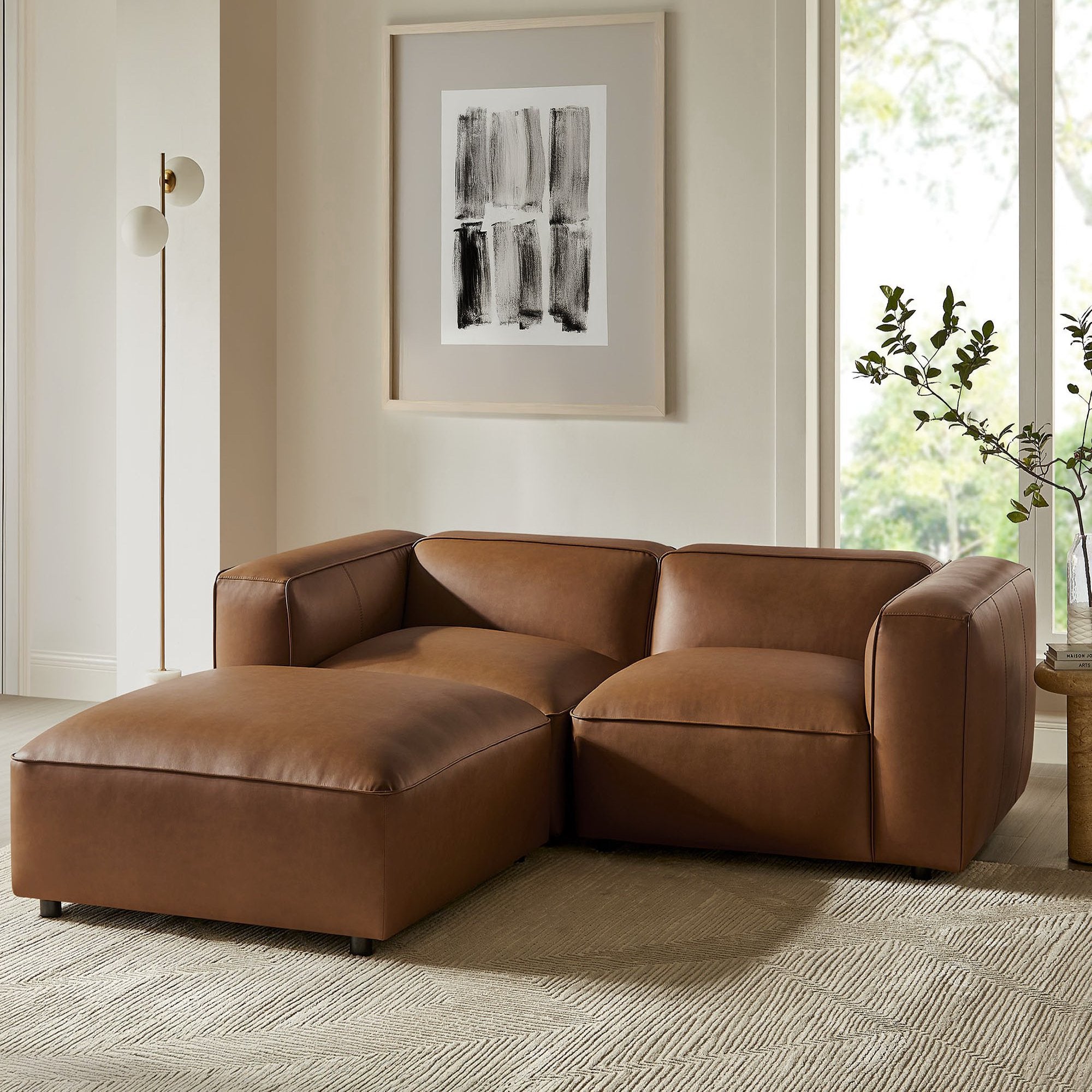 Auren 3-Piece Upholstered Vegan Leather Modular Loveseat with Ottoman by Modway