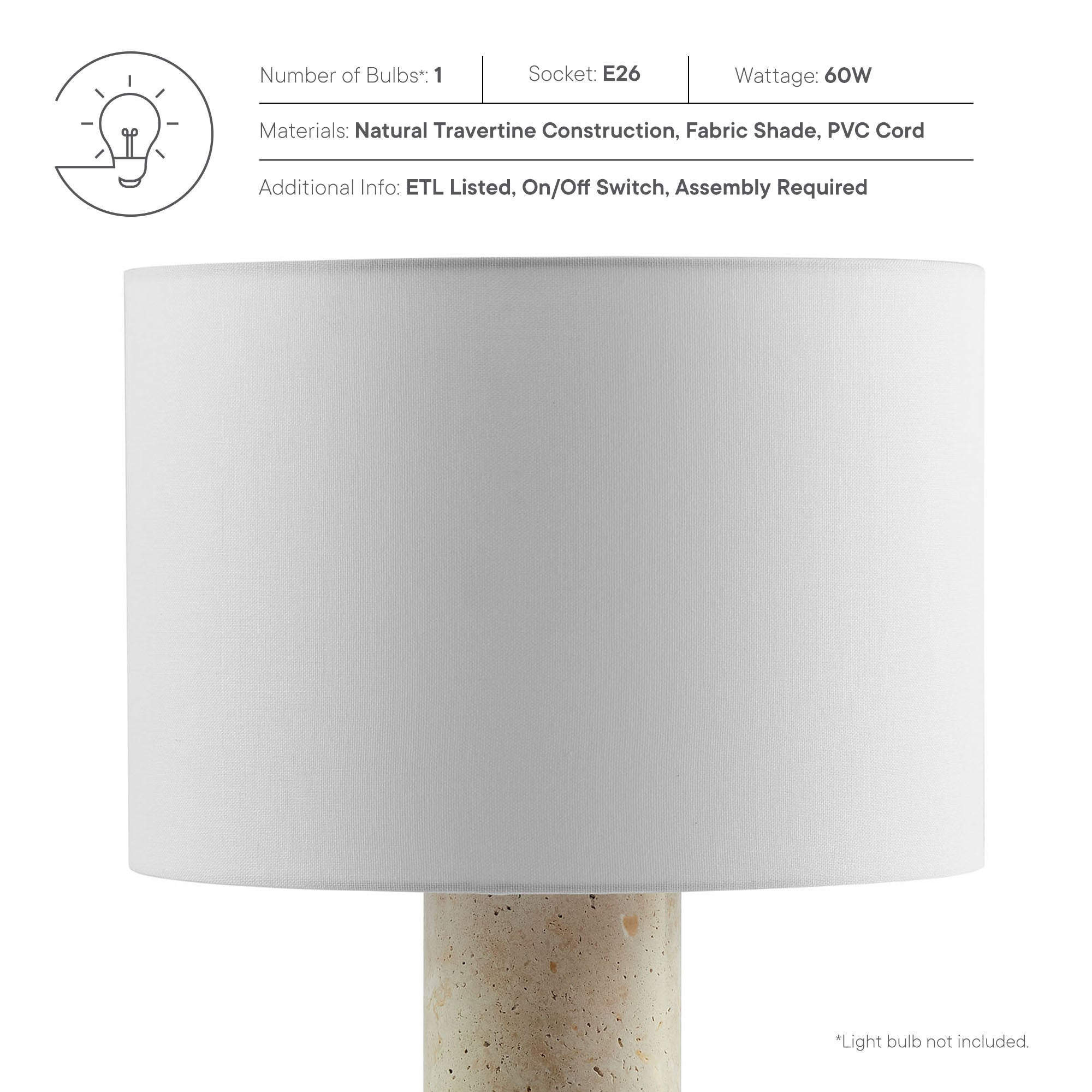 Zenith Travertine Table Lamp With Fabric Drum Shade by Modway