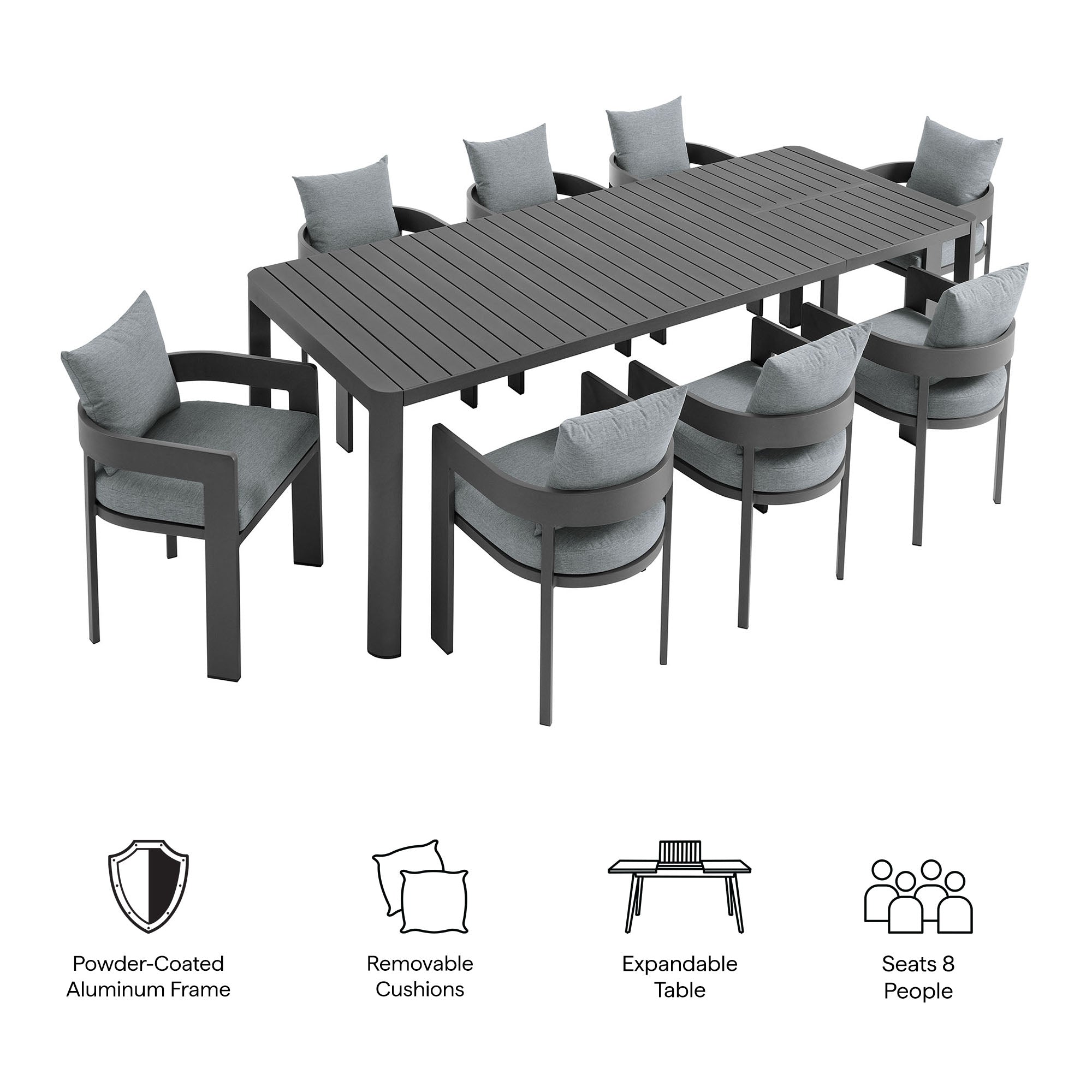 Tahoe 9-Piece Outdoor Patio Aluminum Dining Set With Extendable Table by Modway