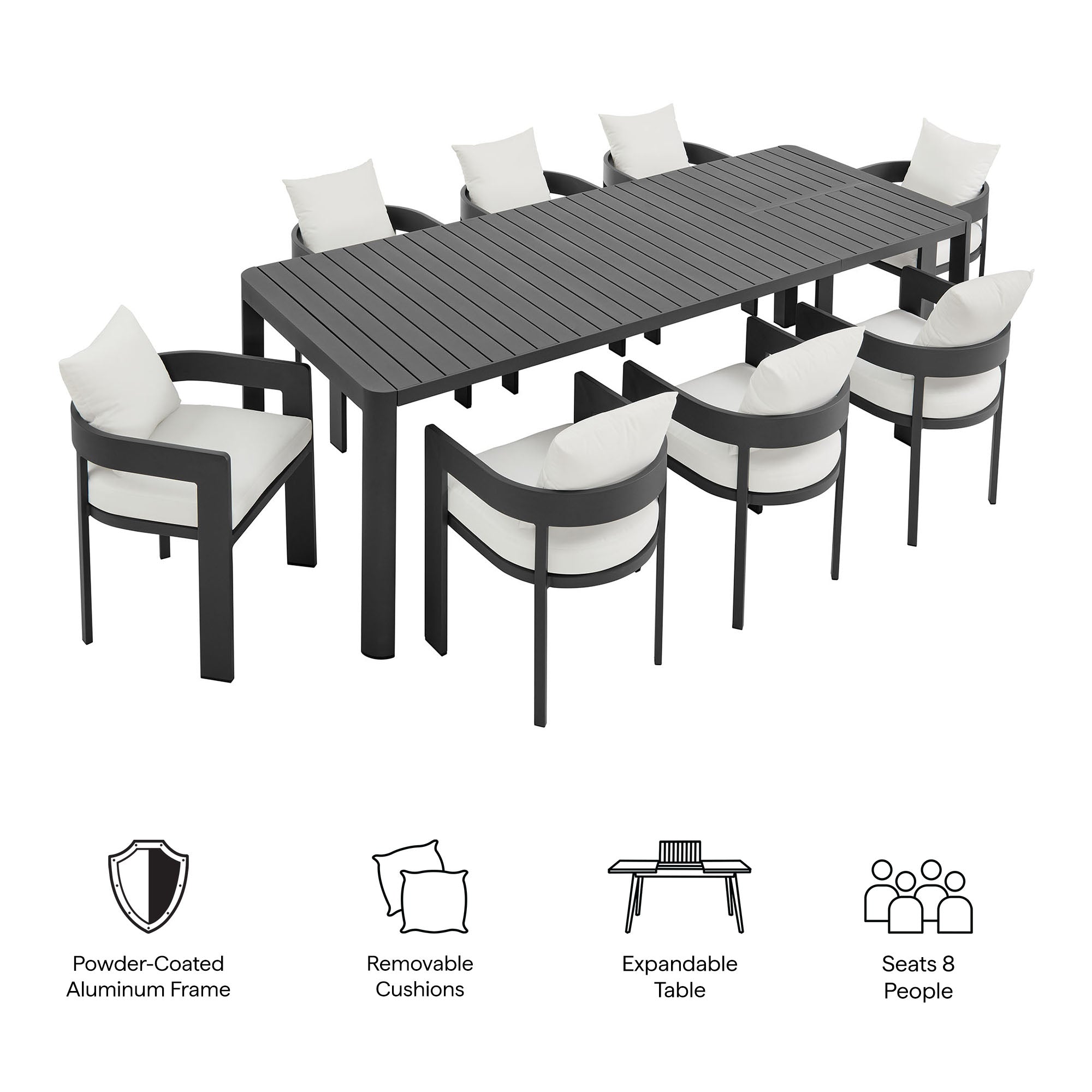 Tahoe 9-Piece Outdoor Patio Aluminum Dining Set With Extendable Table by Modway