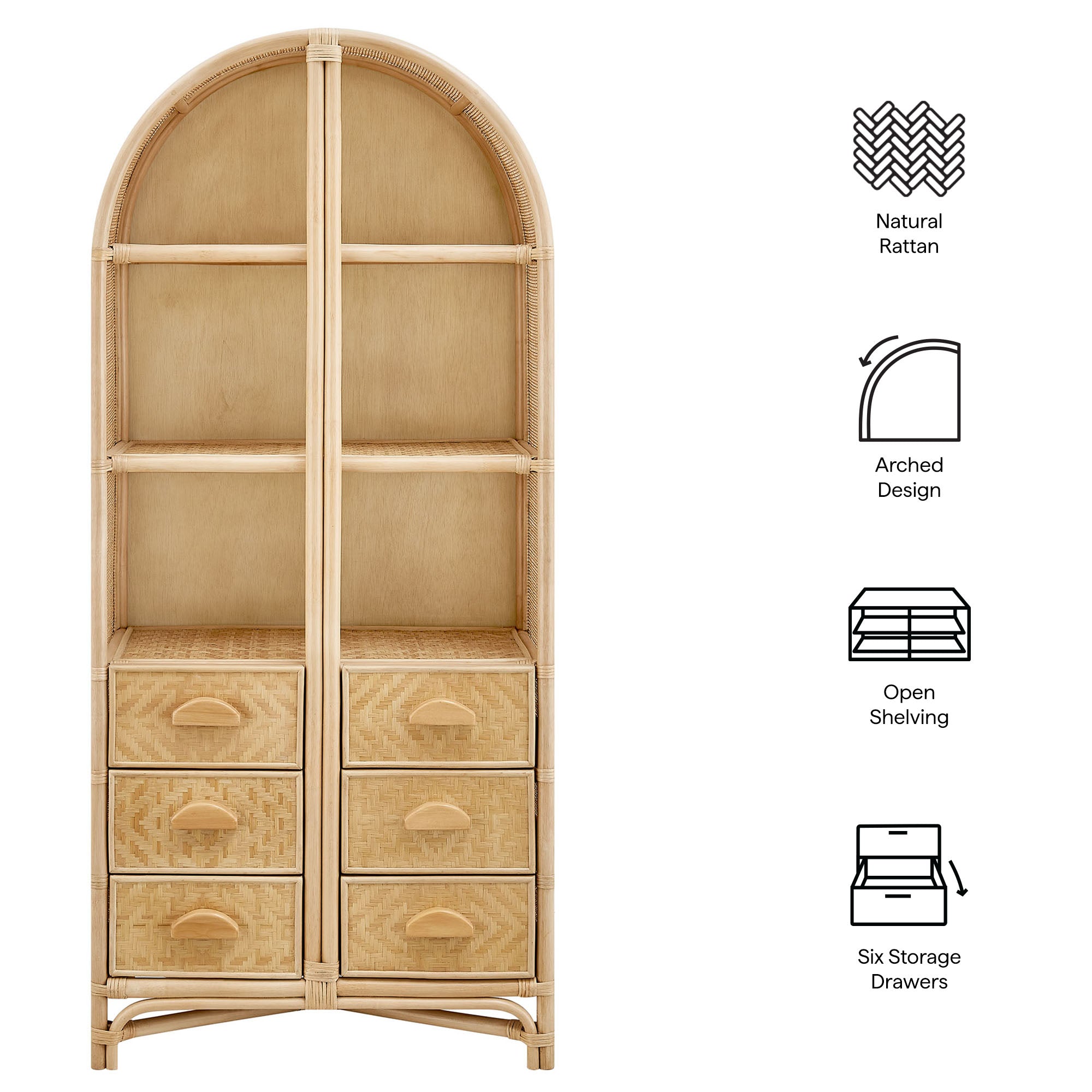 Jane 71 Inch Tall Arched Natural Rattan Bookshelf by Modway