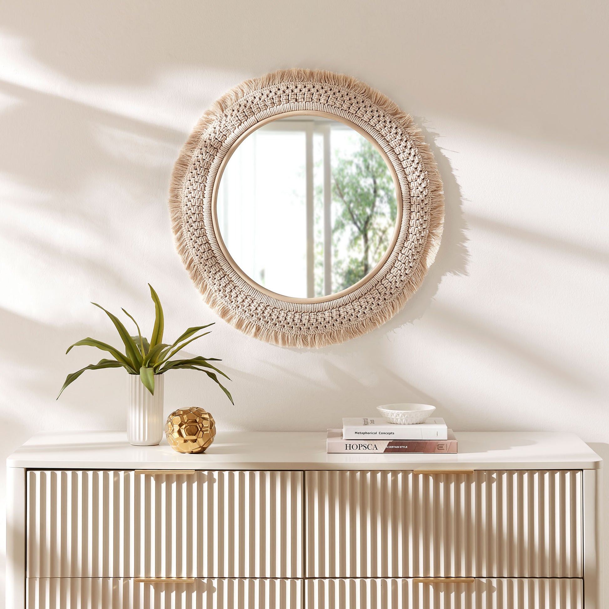 Jade Round Rattan Macrame Wall Mirror by Modway - Best Buy Furniture