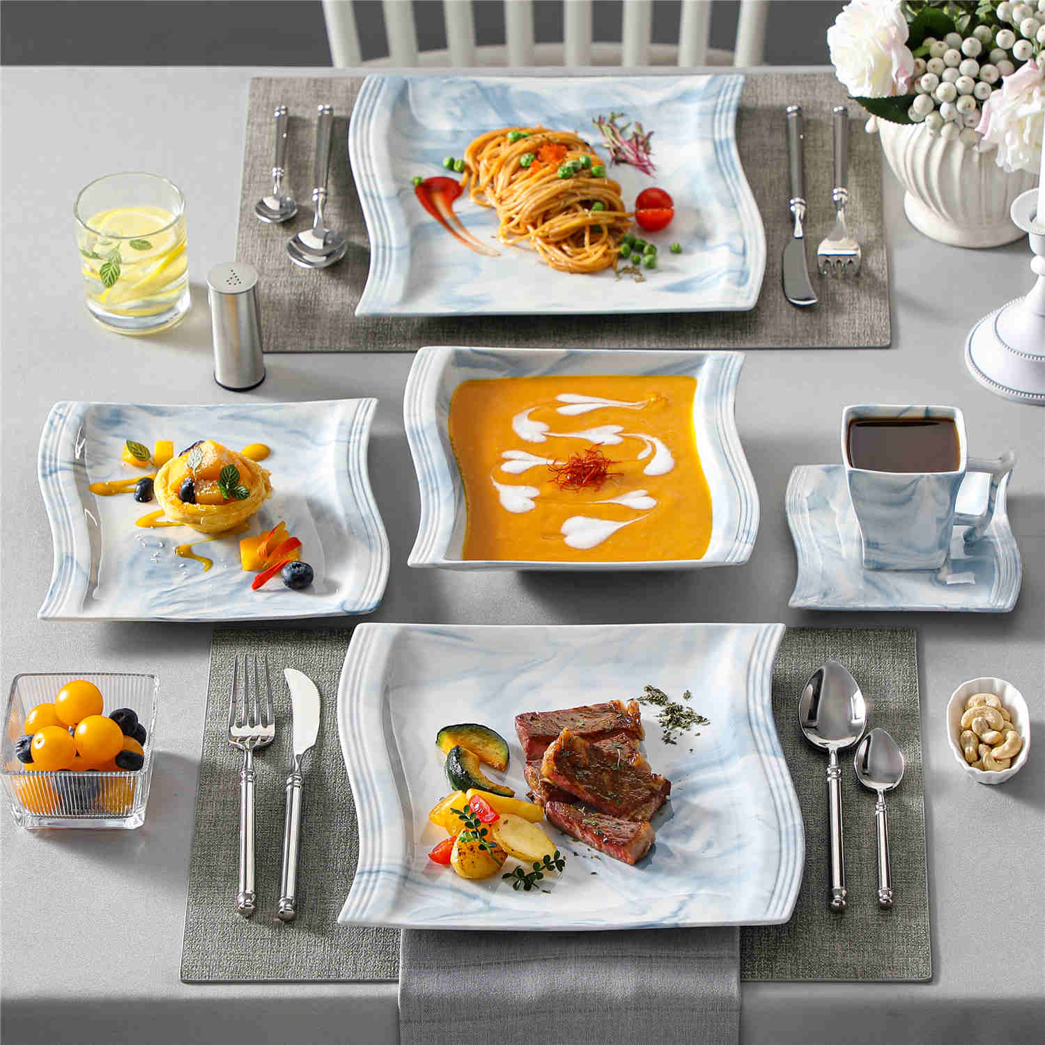 Flora Marble Grey 30 Piece Dinnerware Set