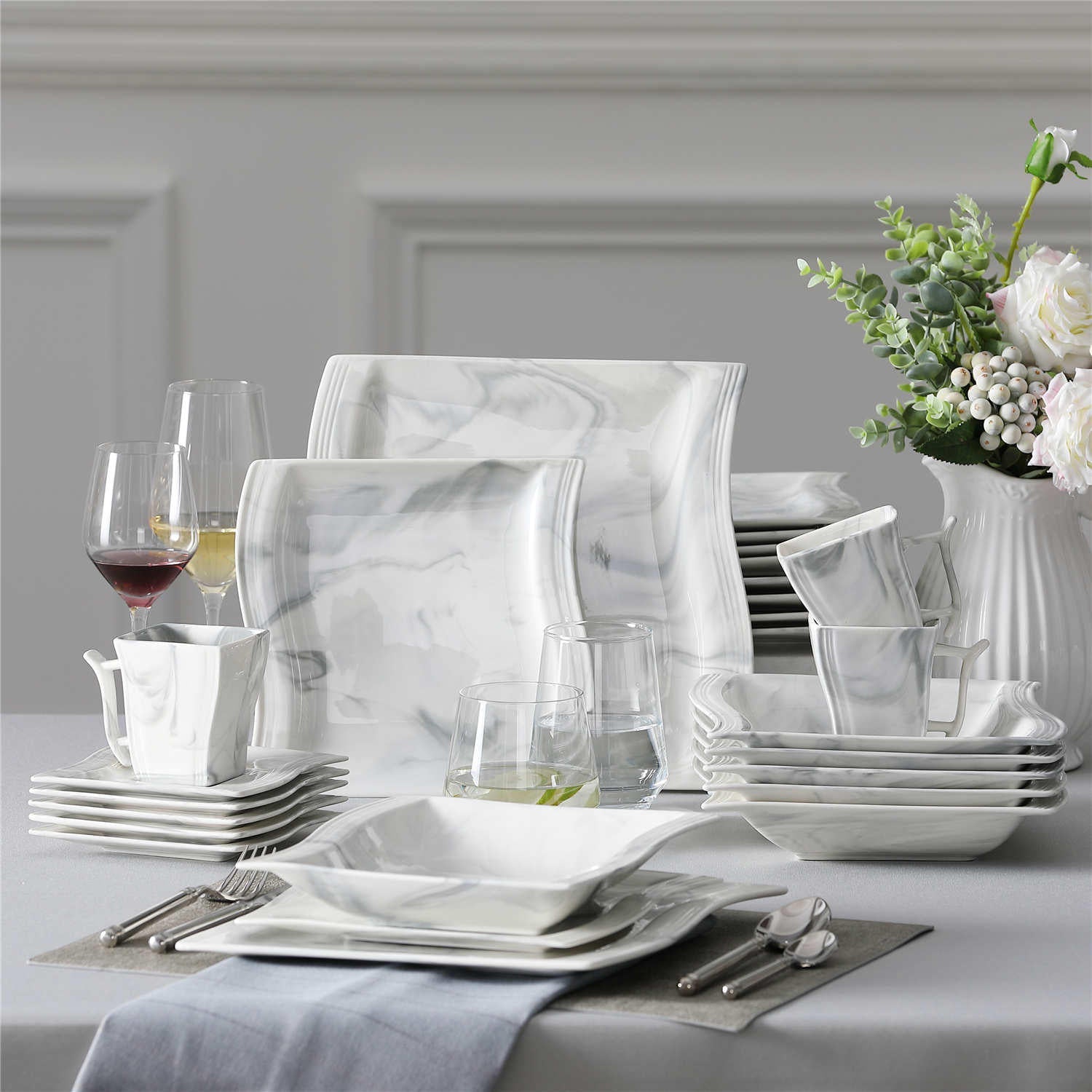 Flora Marble Blue 30 Piece Dinnerware Set