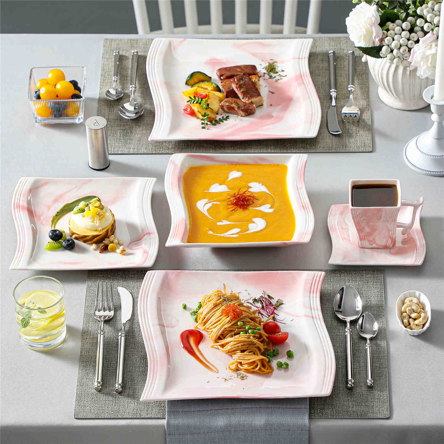 Flora Marble Grey 30 Piece Dinnerware Set