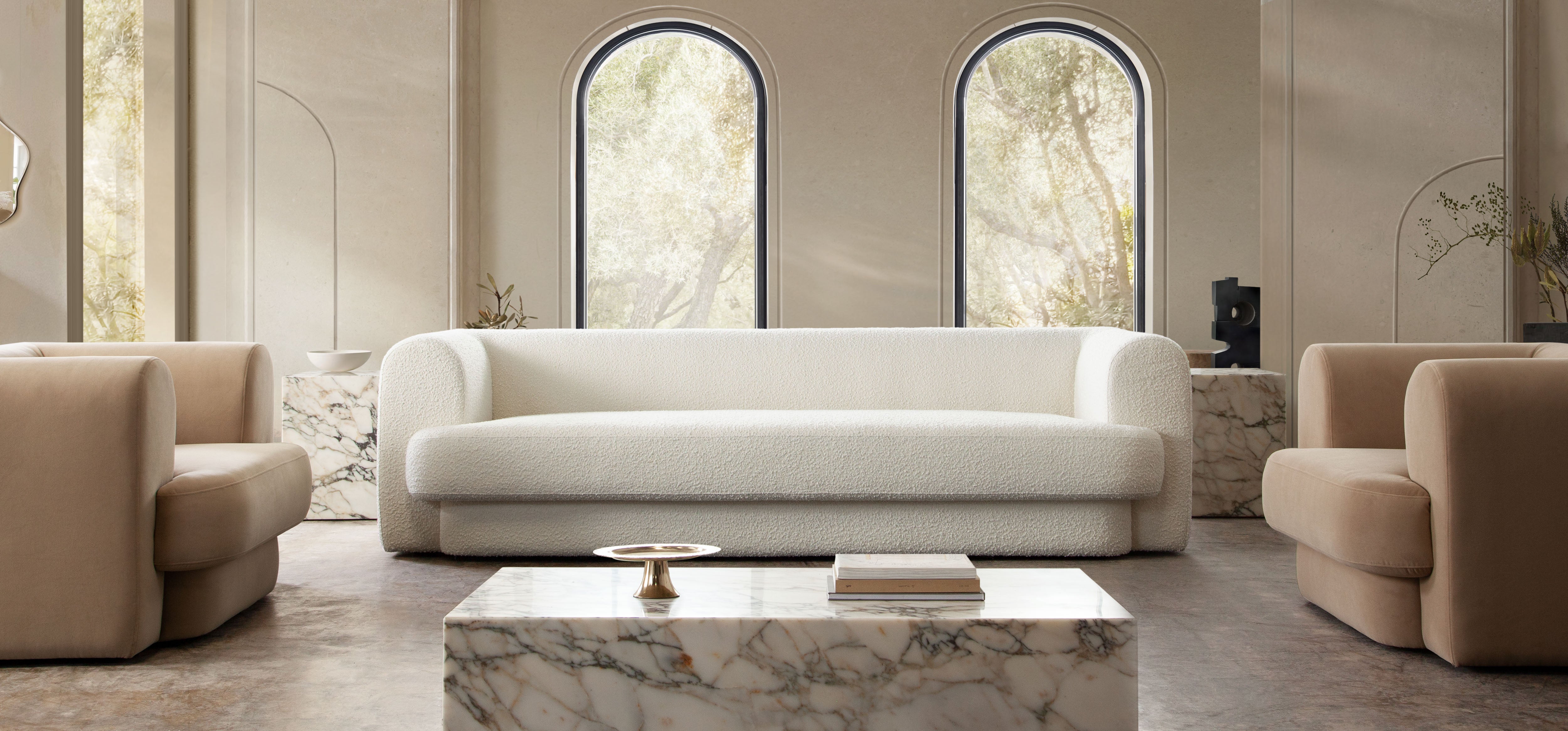 Form Sofa in Ivory Boucle Fabric w/ (2) Accent Pillow Balls by Diamond Sofa