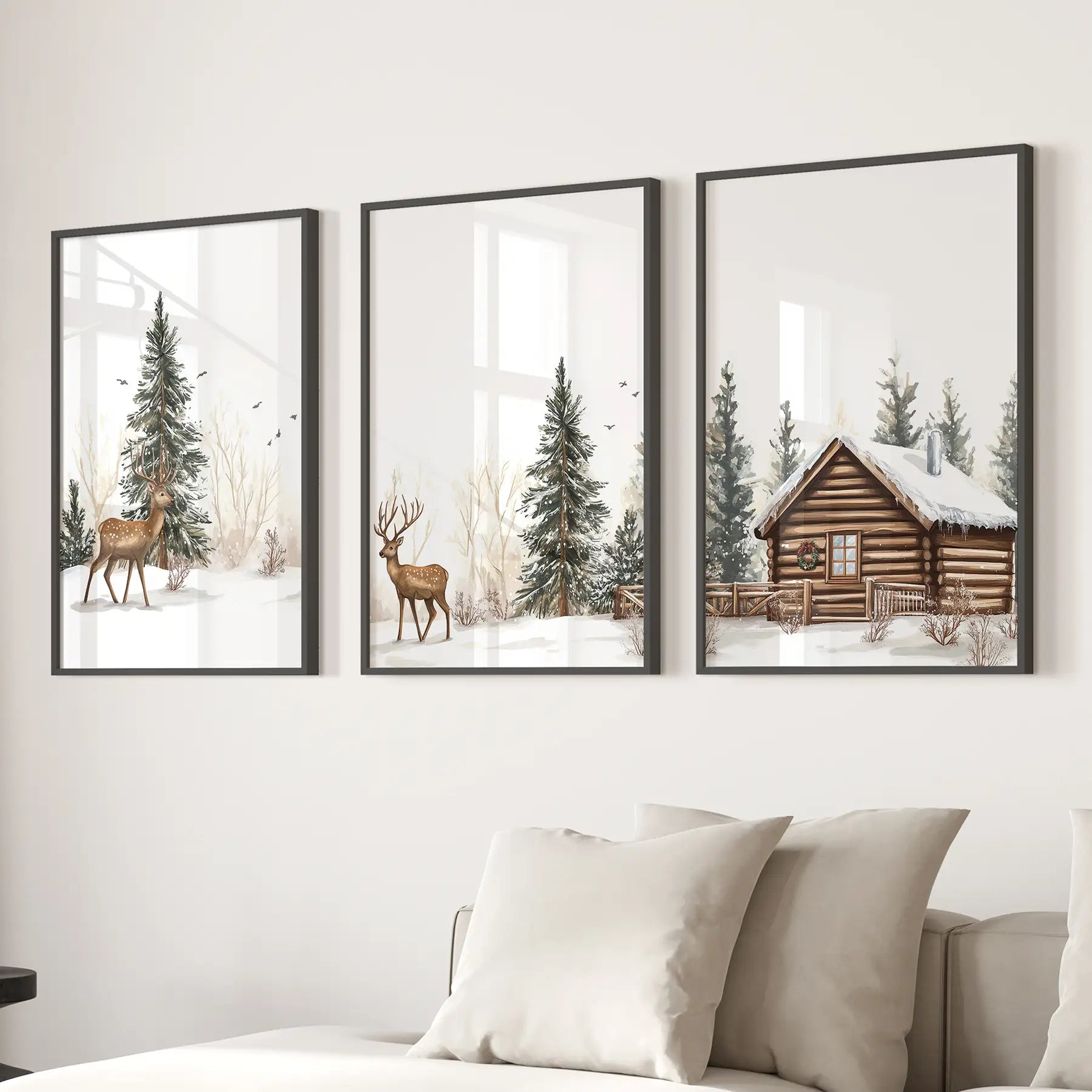 Deer and Cabin Winter 3 Piece Wall Art. Rustic Nordic Prints