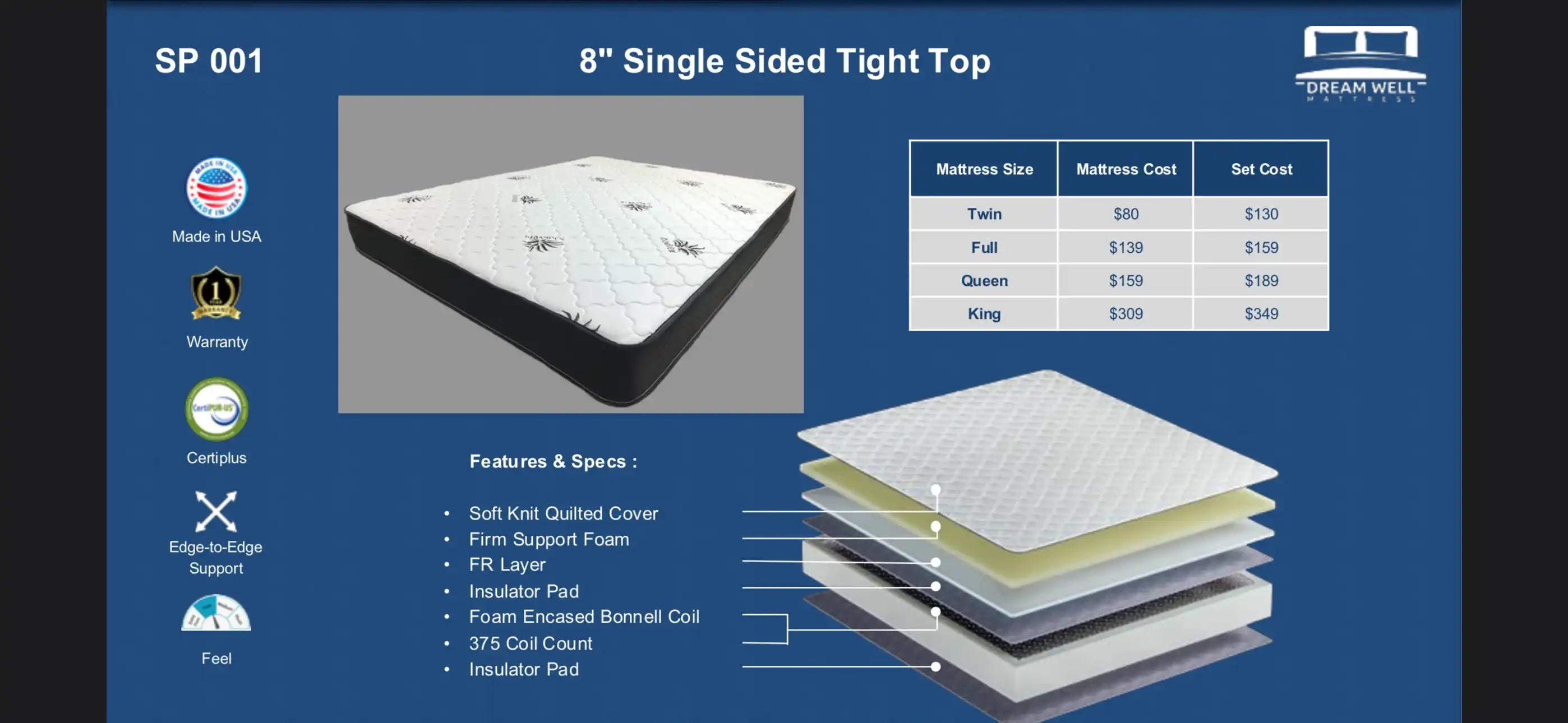 8" Twin Single Tight Top Mattress