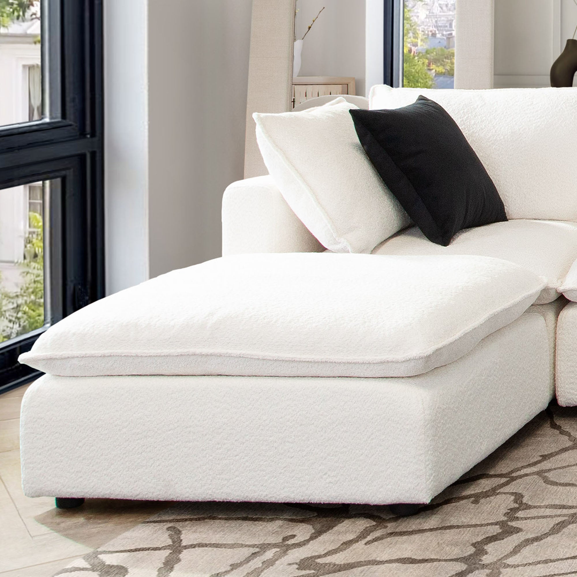 Ivy Square Ottoman in White Faux Shearling w/ Feather Down Seating by Diamond Sofa