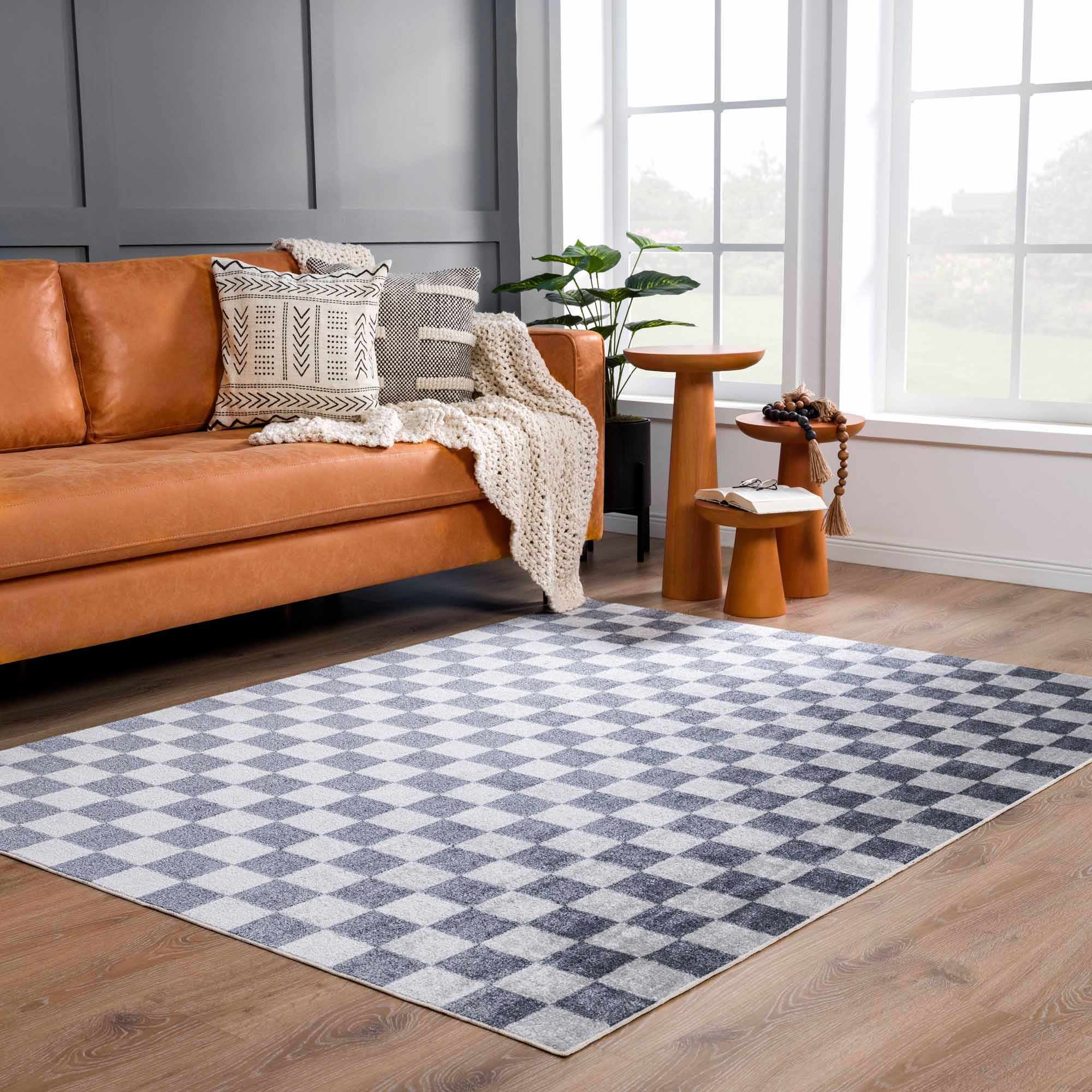 Alie Blue Gray Checkered Washable Rug