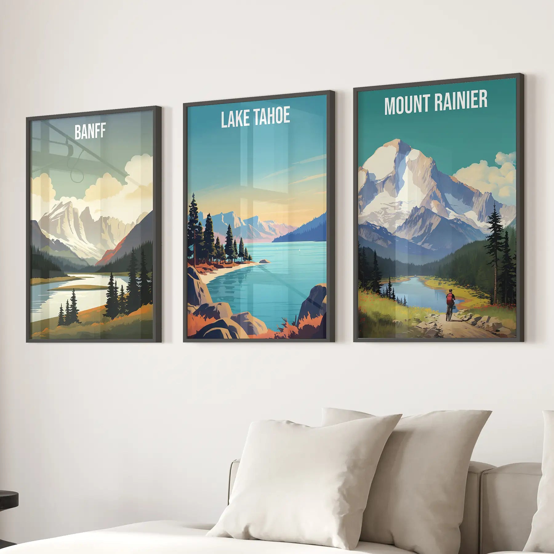 Set of 3 Travel Prints. Banff, Lake Tahoe, Mount Rainier Posters