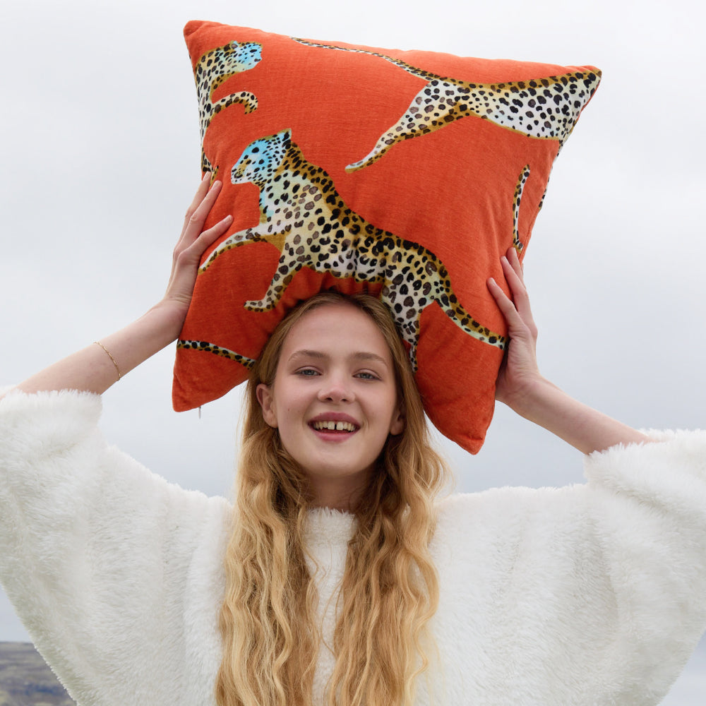 Velvet Leaping Small Leopard Throw Pillow