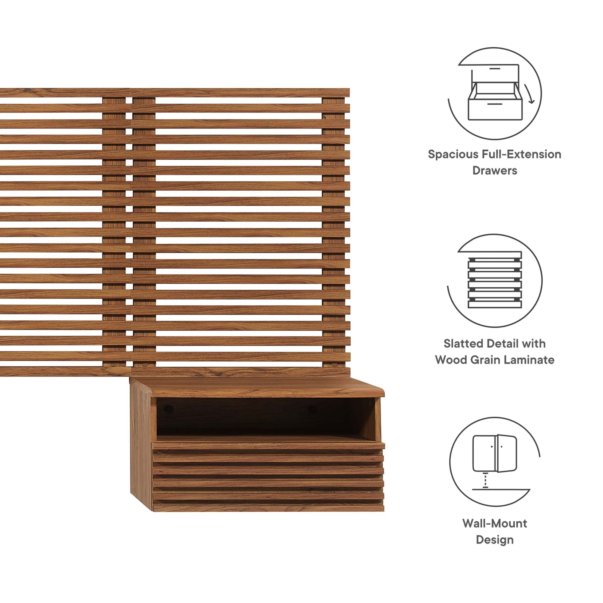 Render Wall Mount King Headboard and Modern Nightstands by Modway