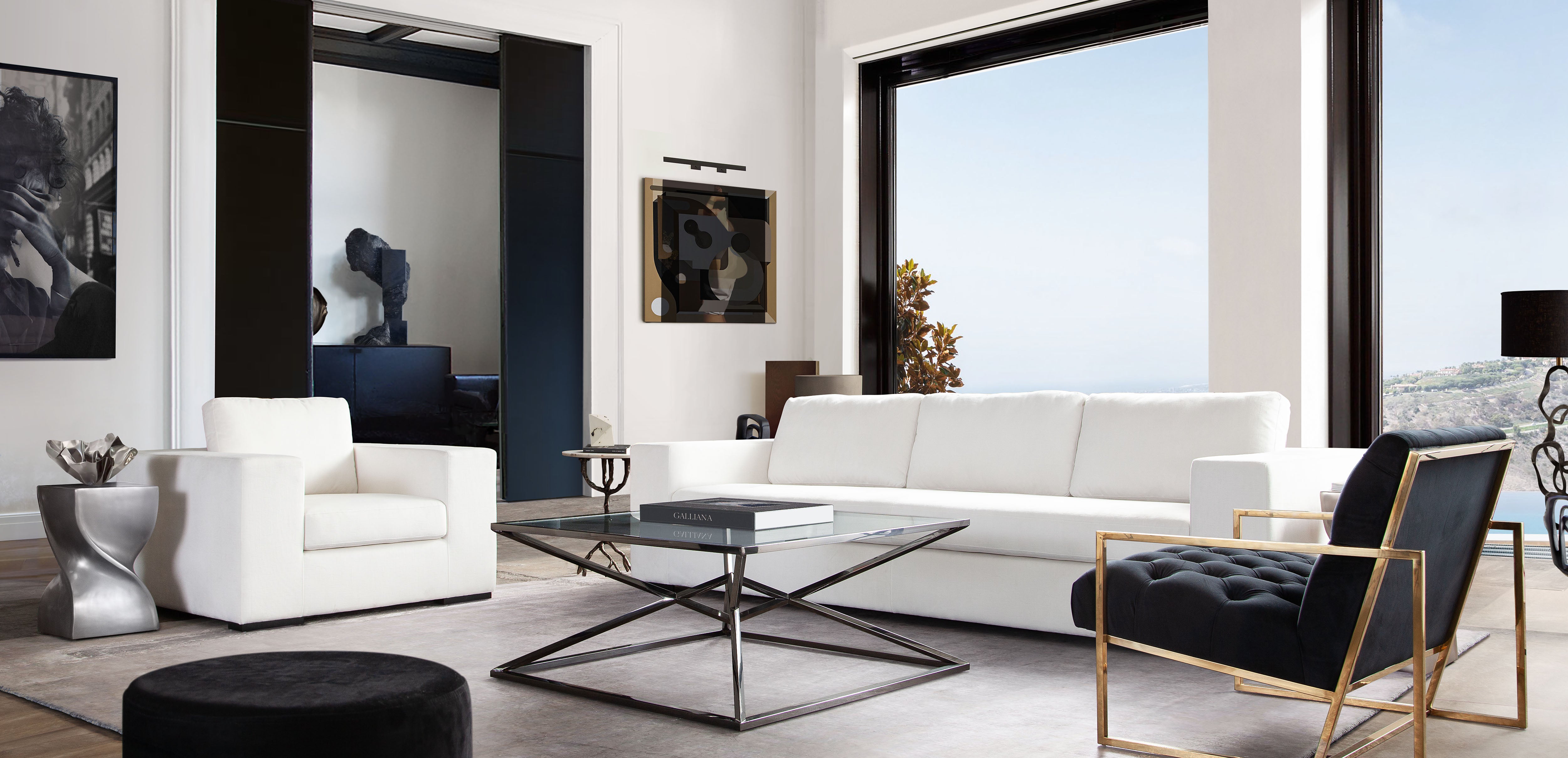 Muse Sofa in Mist White Performance Fabric w/ (4) Black Accent Pillows by Diamond Sofa