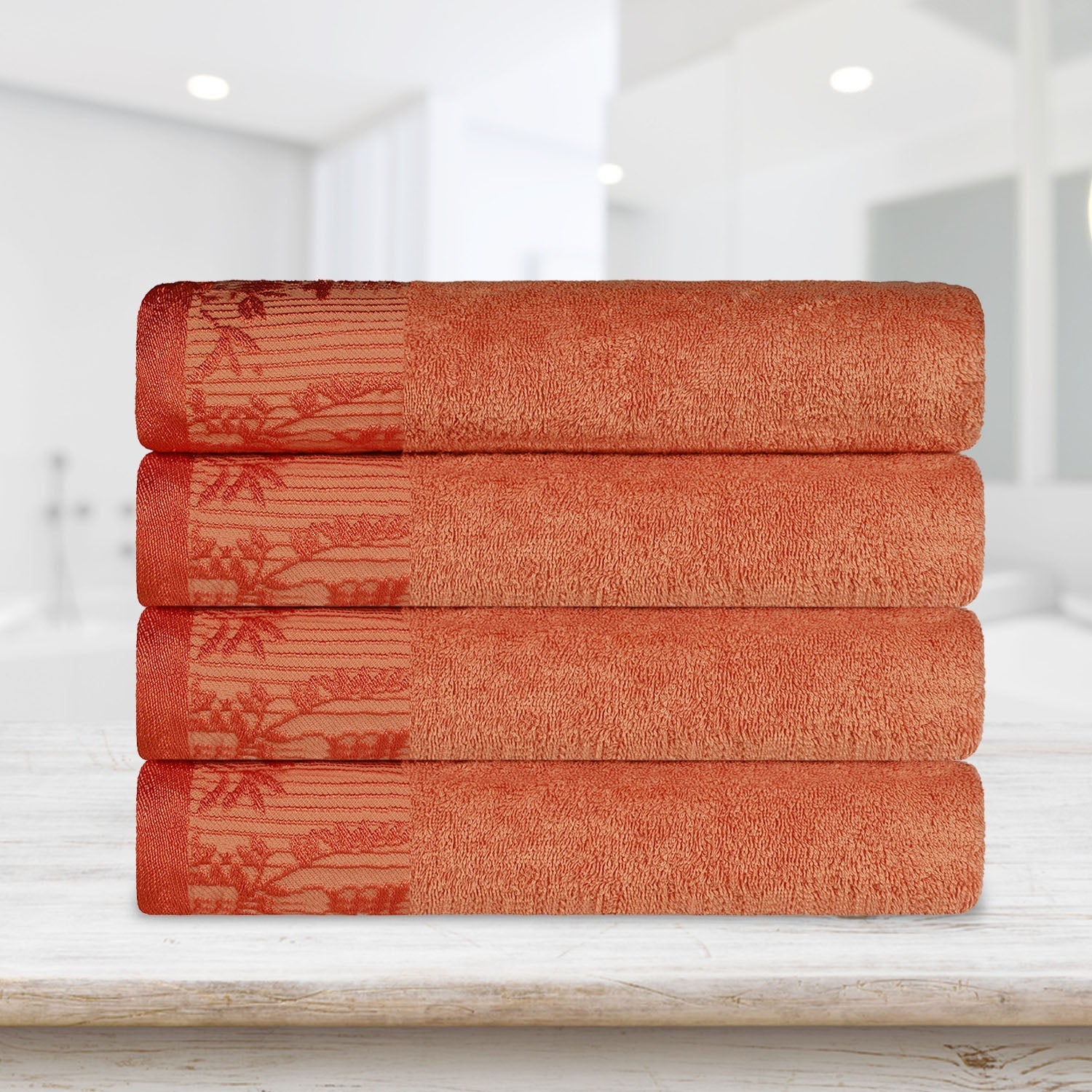 Cotton Floral Jacquard Border Bath Towel Set of 4 - Bath Towel by Superior Brand