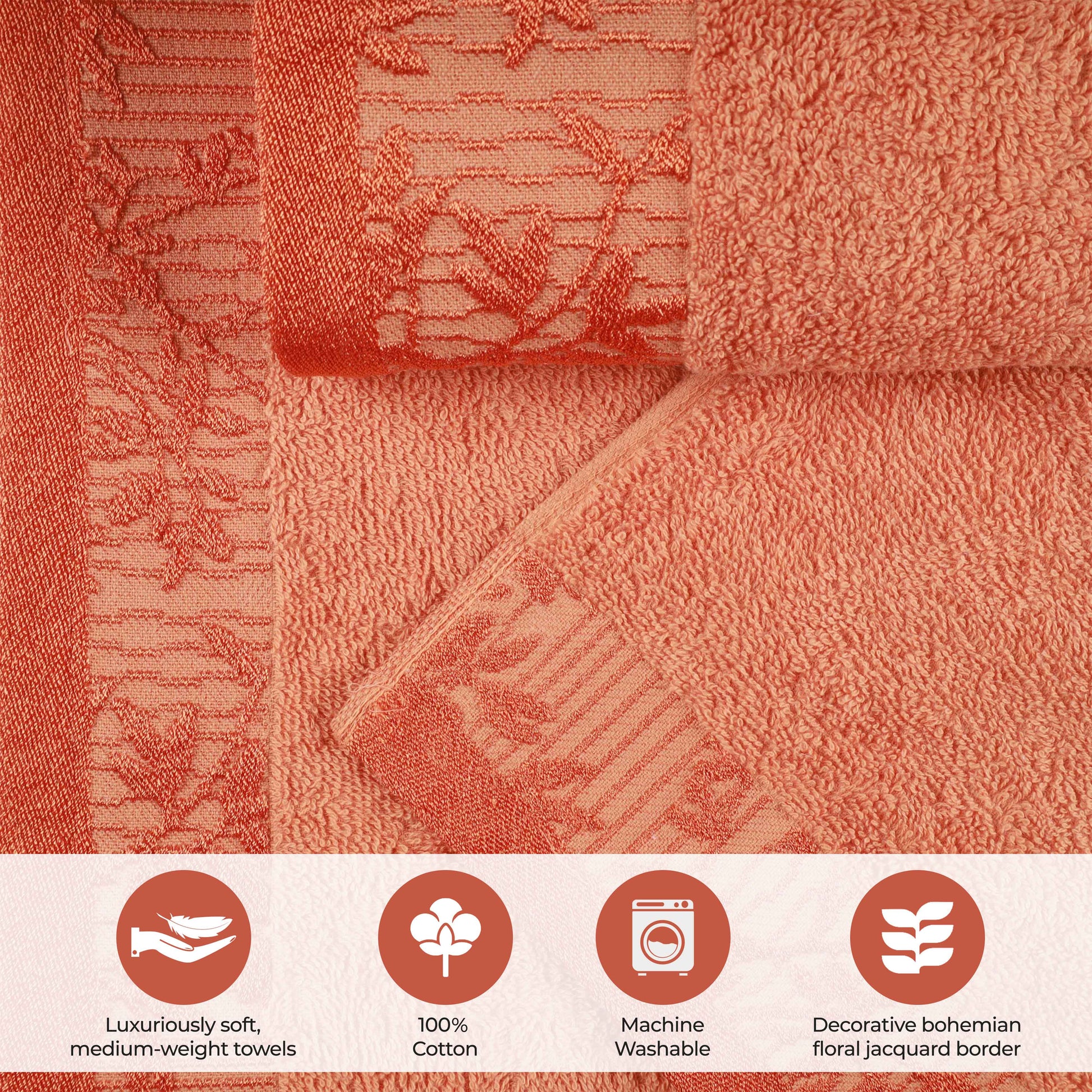 Cotton Floral Jacquard Border Bath Towel Set of 4 - Bath Towel by Superior Brand