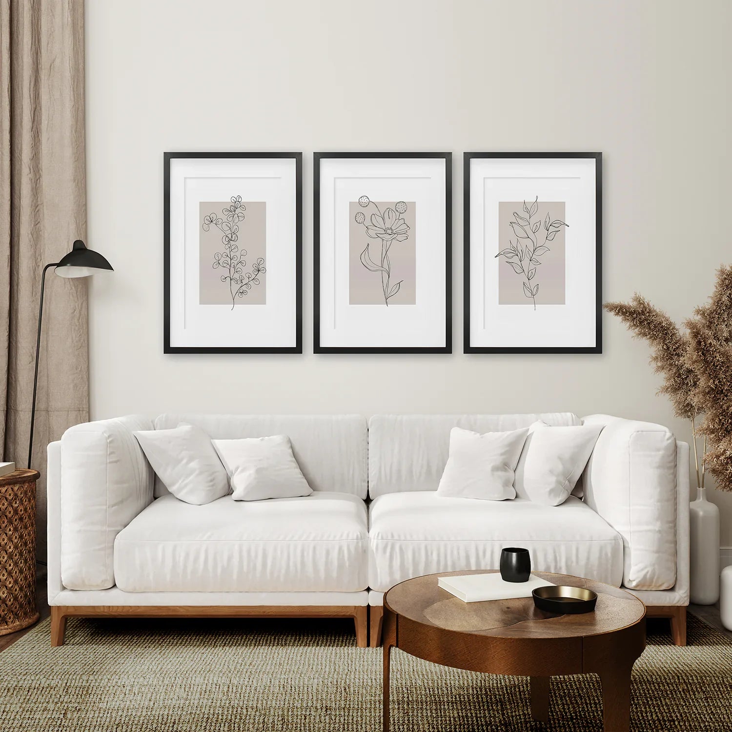 Pastel Botanical Wall Art Set of 3 Pieces. Gray and Beige