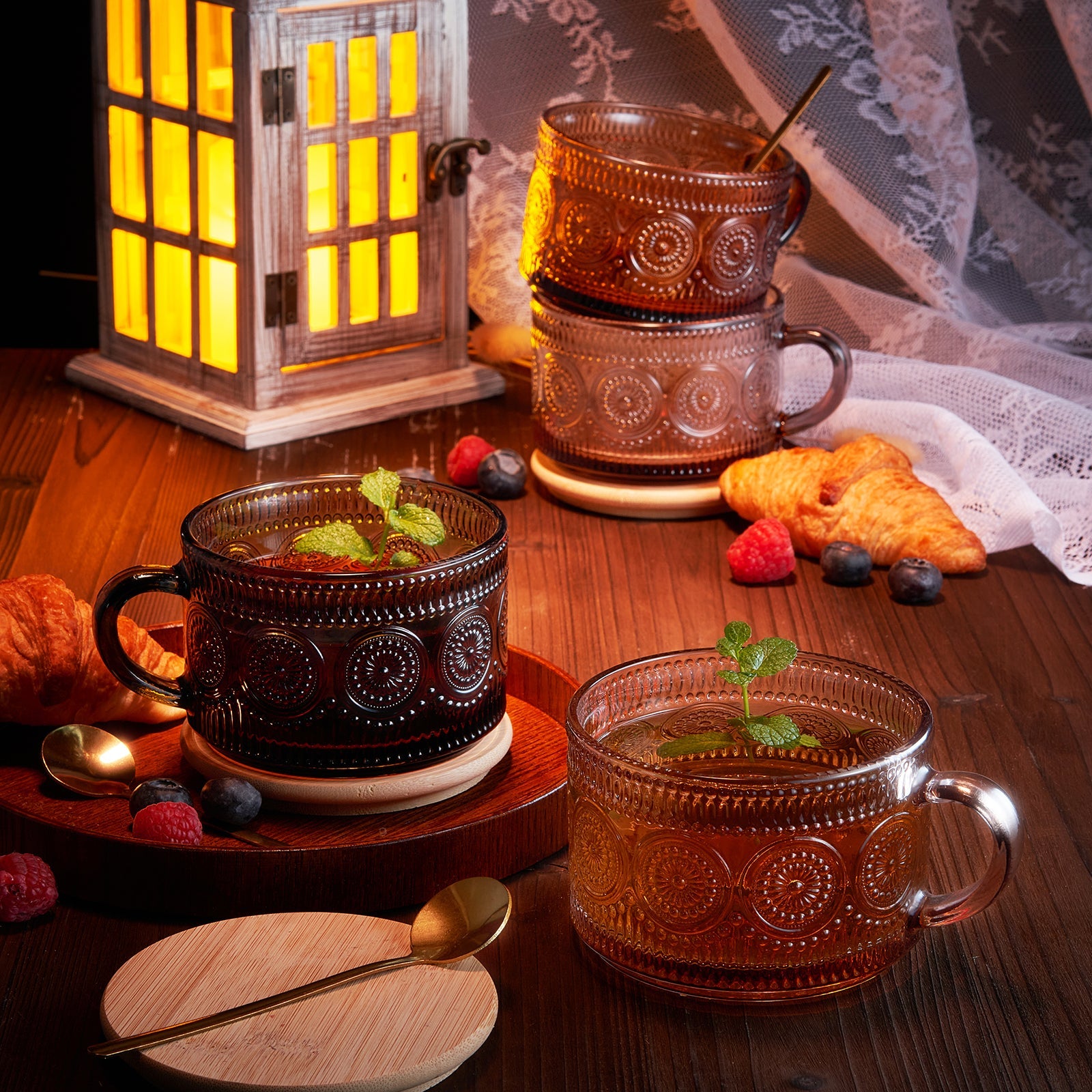 Tonal Hobnail Mug Glassware with Four Gold Spoons, Set of 4